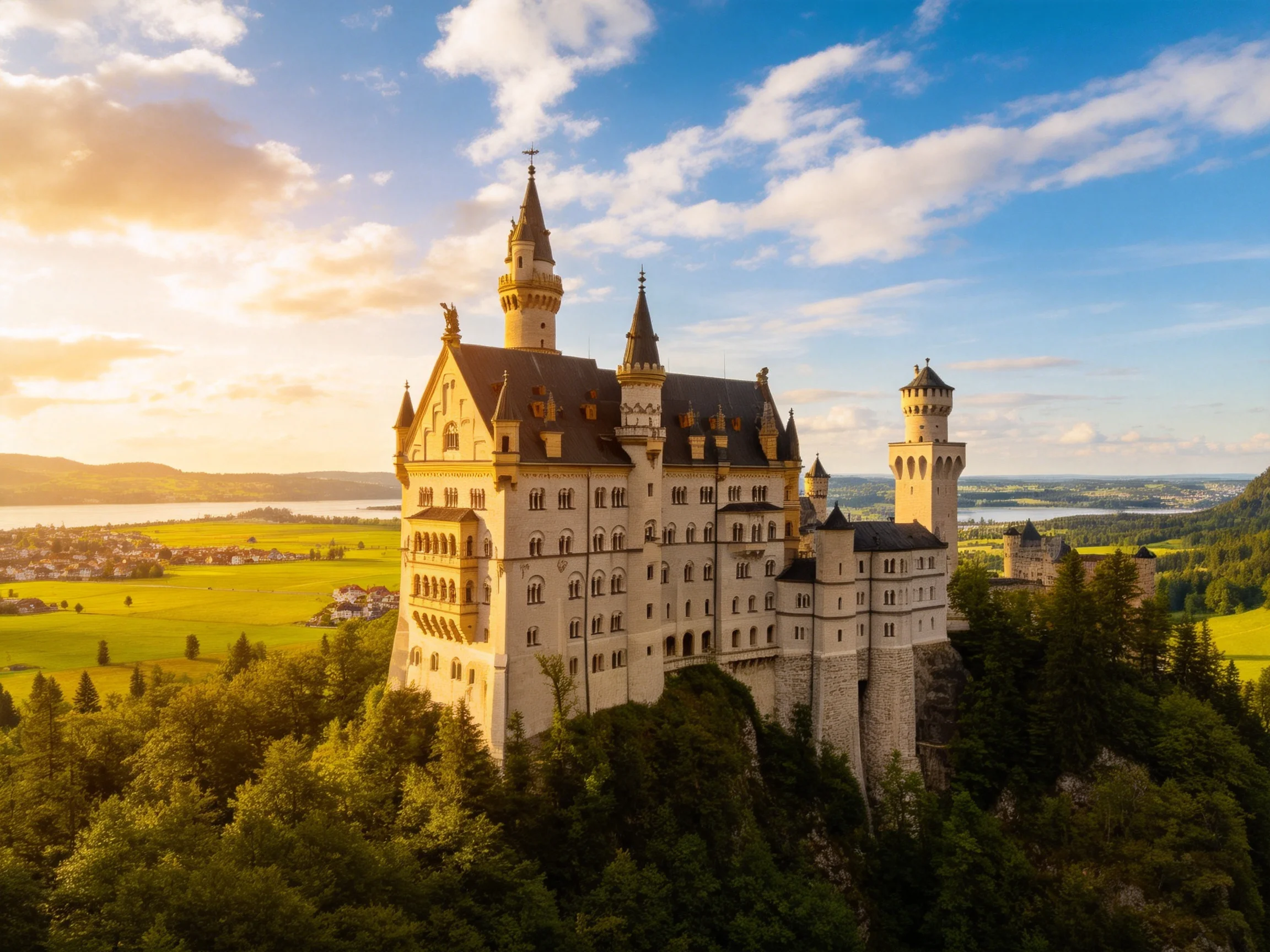 Neuschwanstein Castle atop a forested hill under golden sunlight