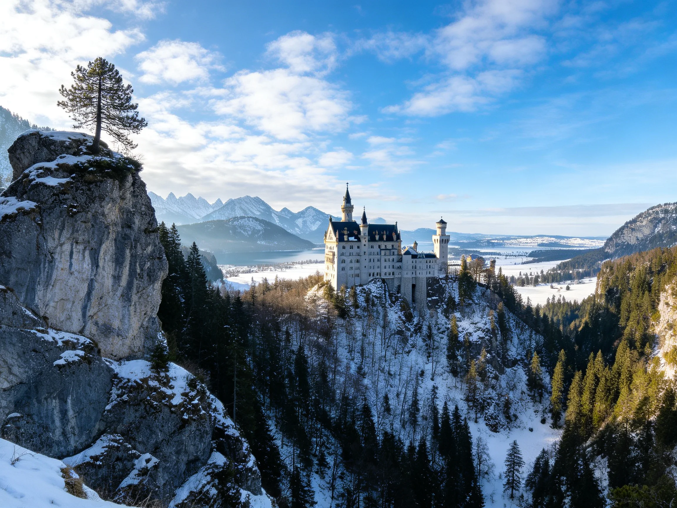 Neuschwanstein Castle atop a snow-dusted cliff with forested mountains