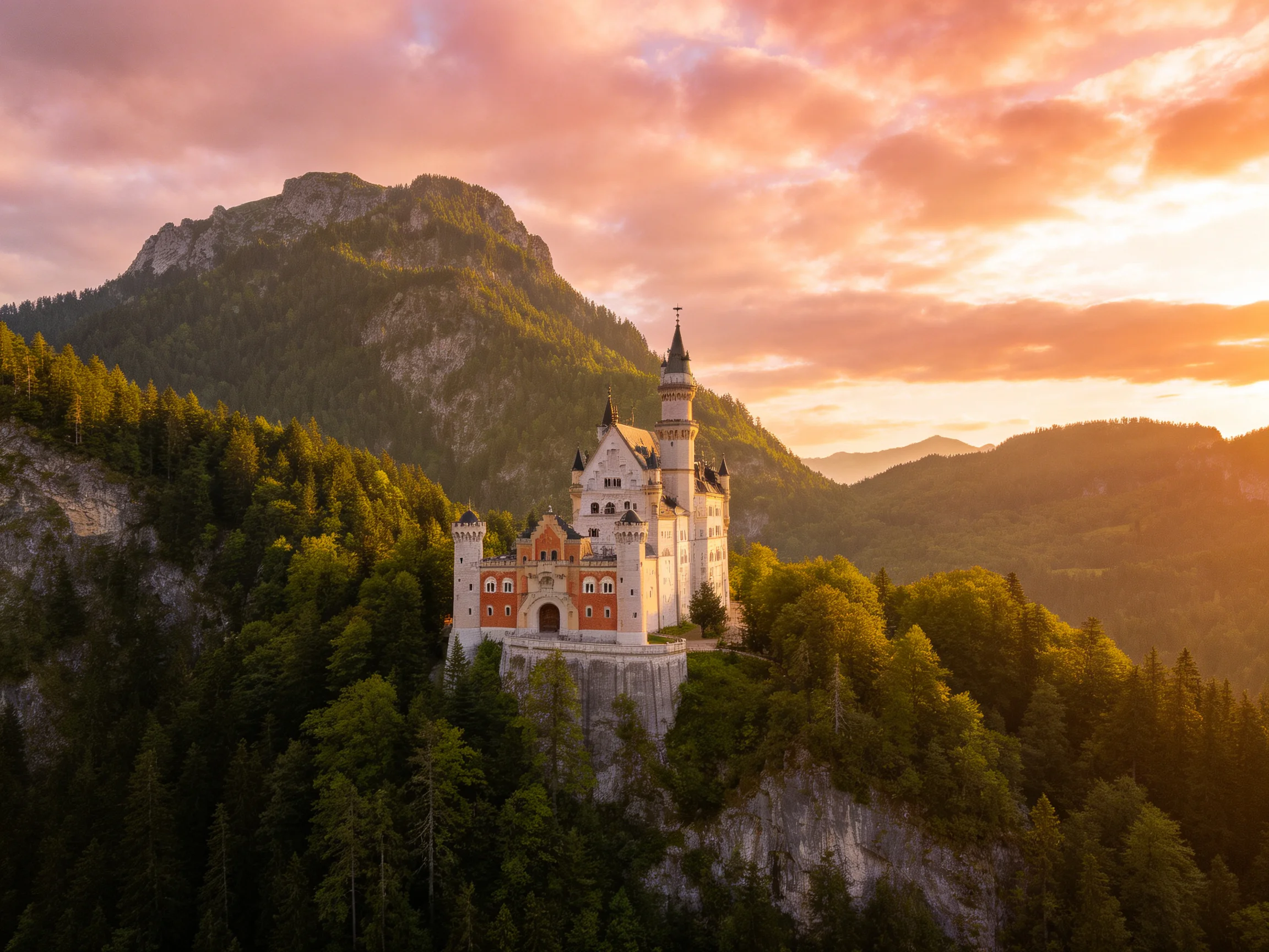 Neuschwanstein Castle atop forested mountain cliffs during sunset