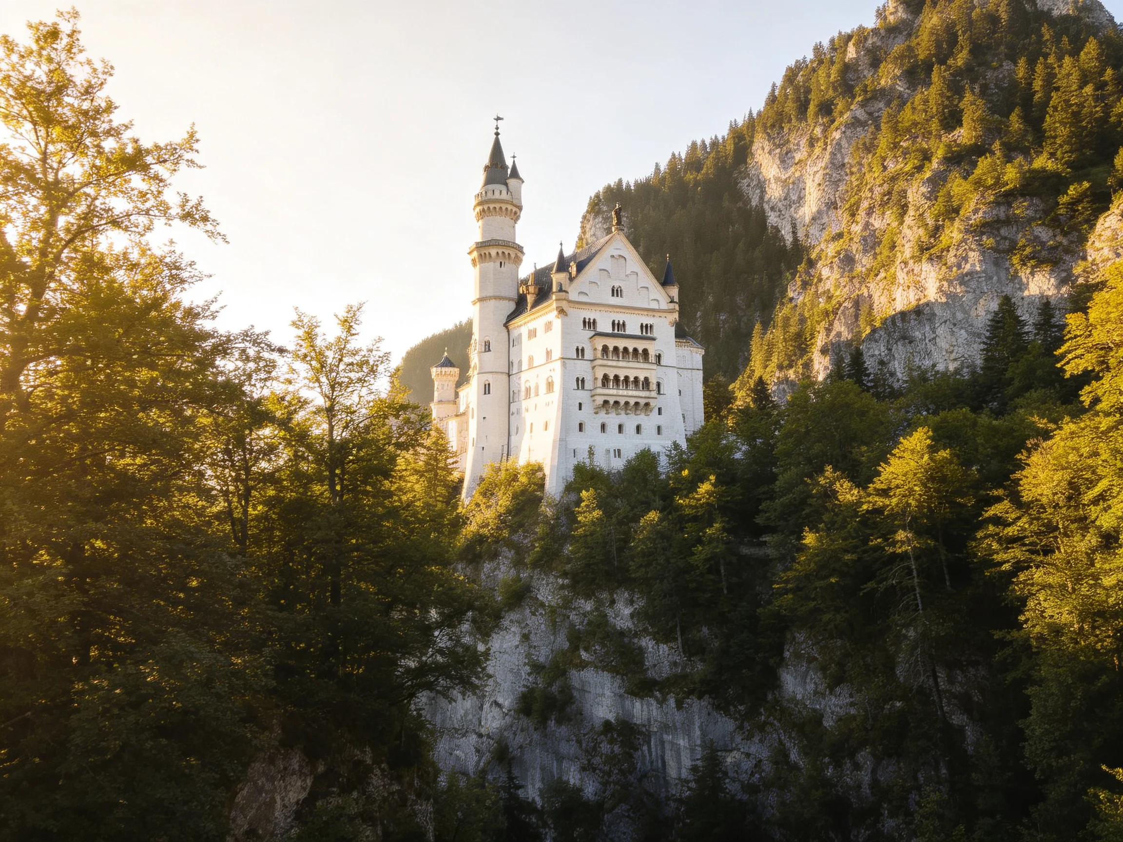 Neuschwanstein Castle atop forested rocky cliffs under golden sunlight
