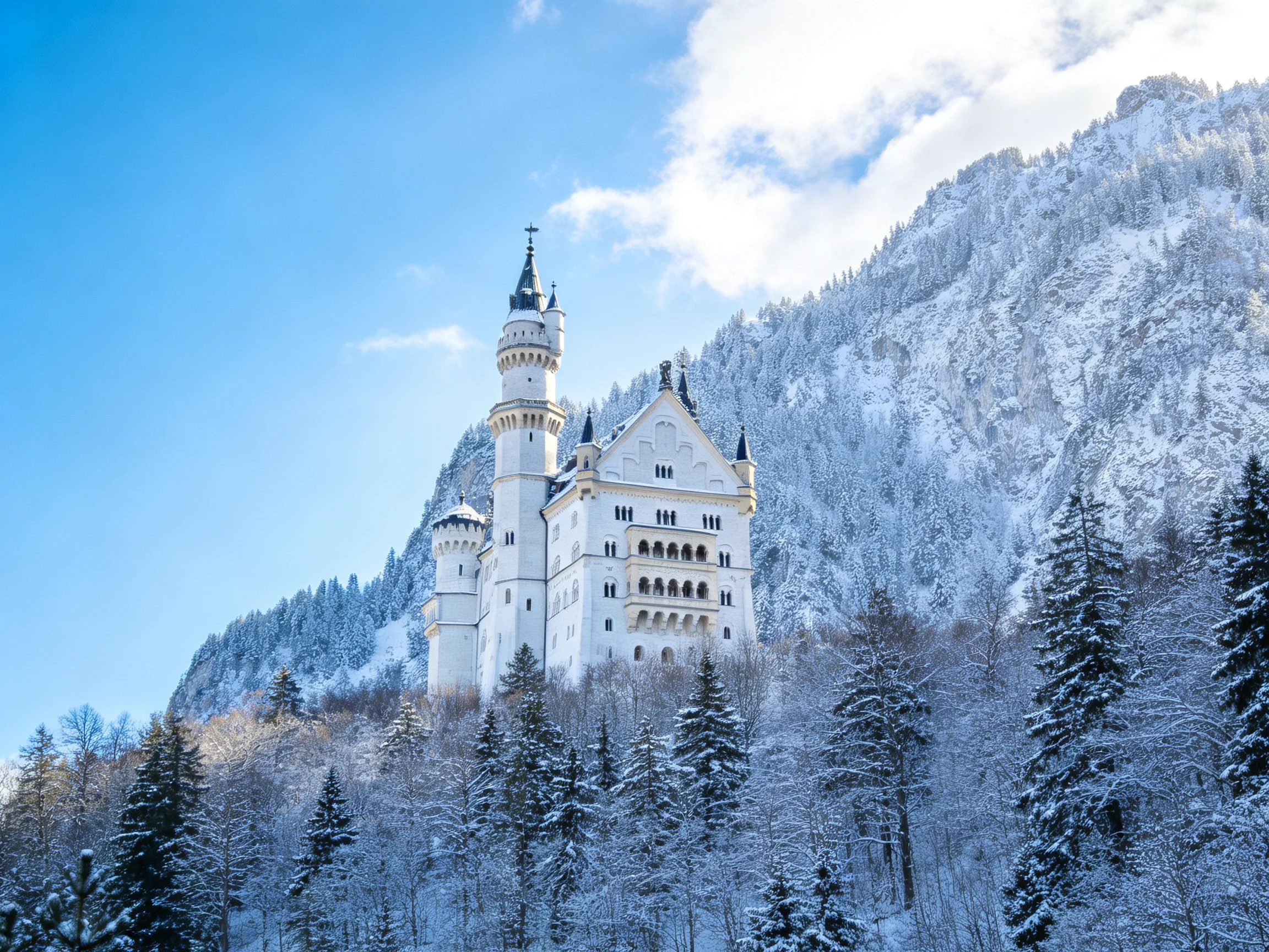 Neuschwanstein Castle stands majestically amid snow-covered mountains and forests