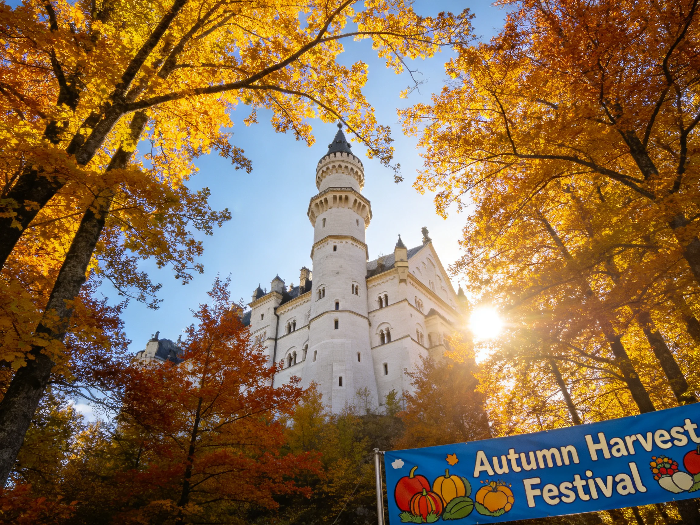 Neuschwanstein Castle surrounded by autumn trees near festival banner