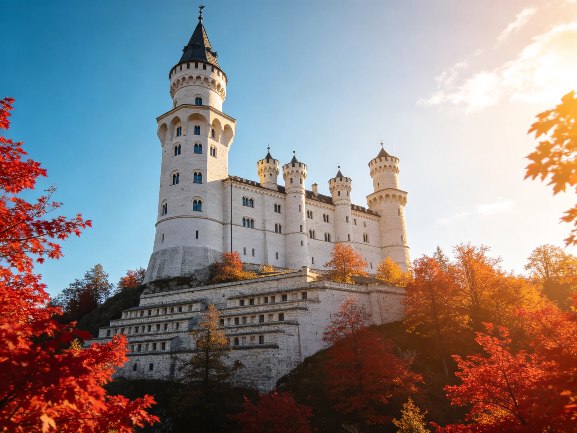 Neuschwanstein Castle surrounded by vibrant autumn foliage under clear blue sky