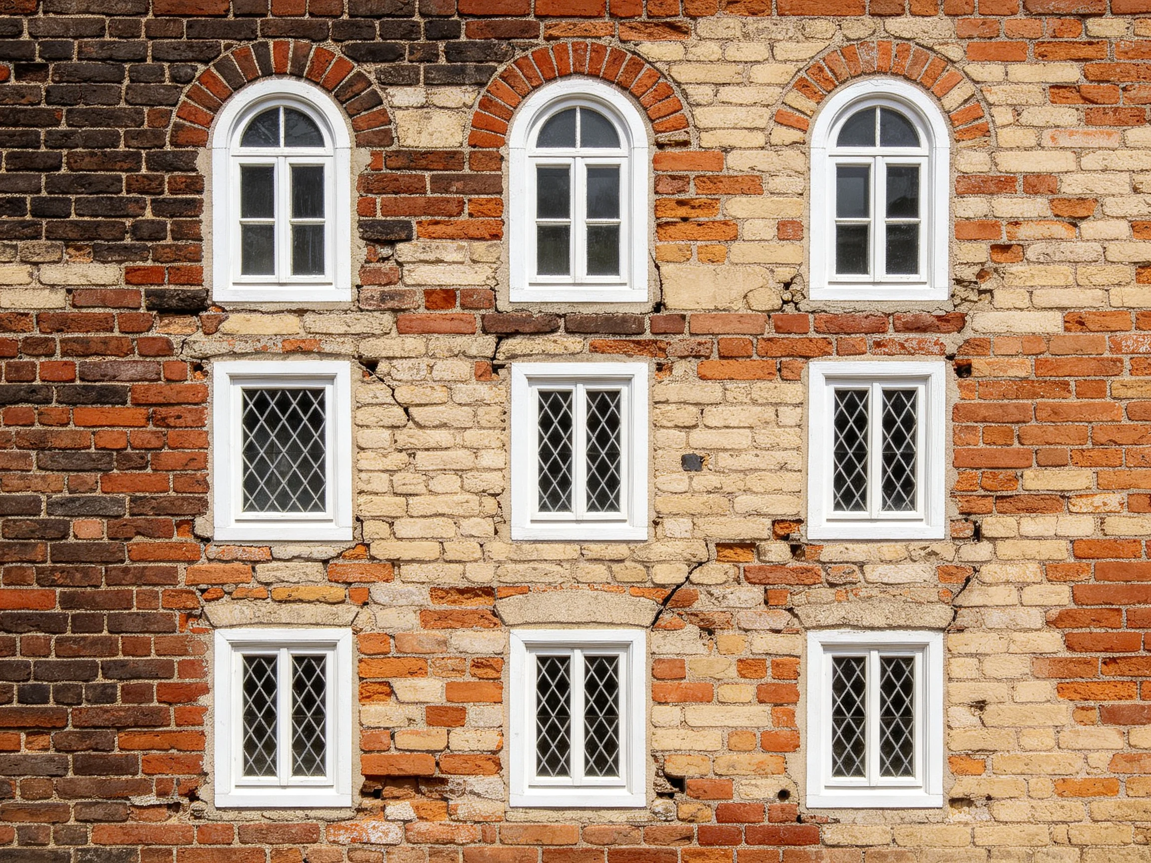 Nine Windows in a Multi-Color Brick Wall with Arched and Grille-Style Frames