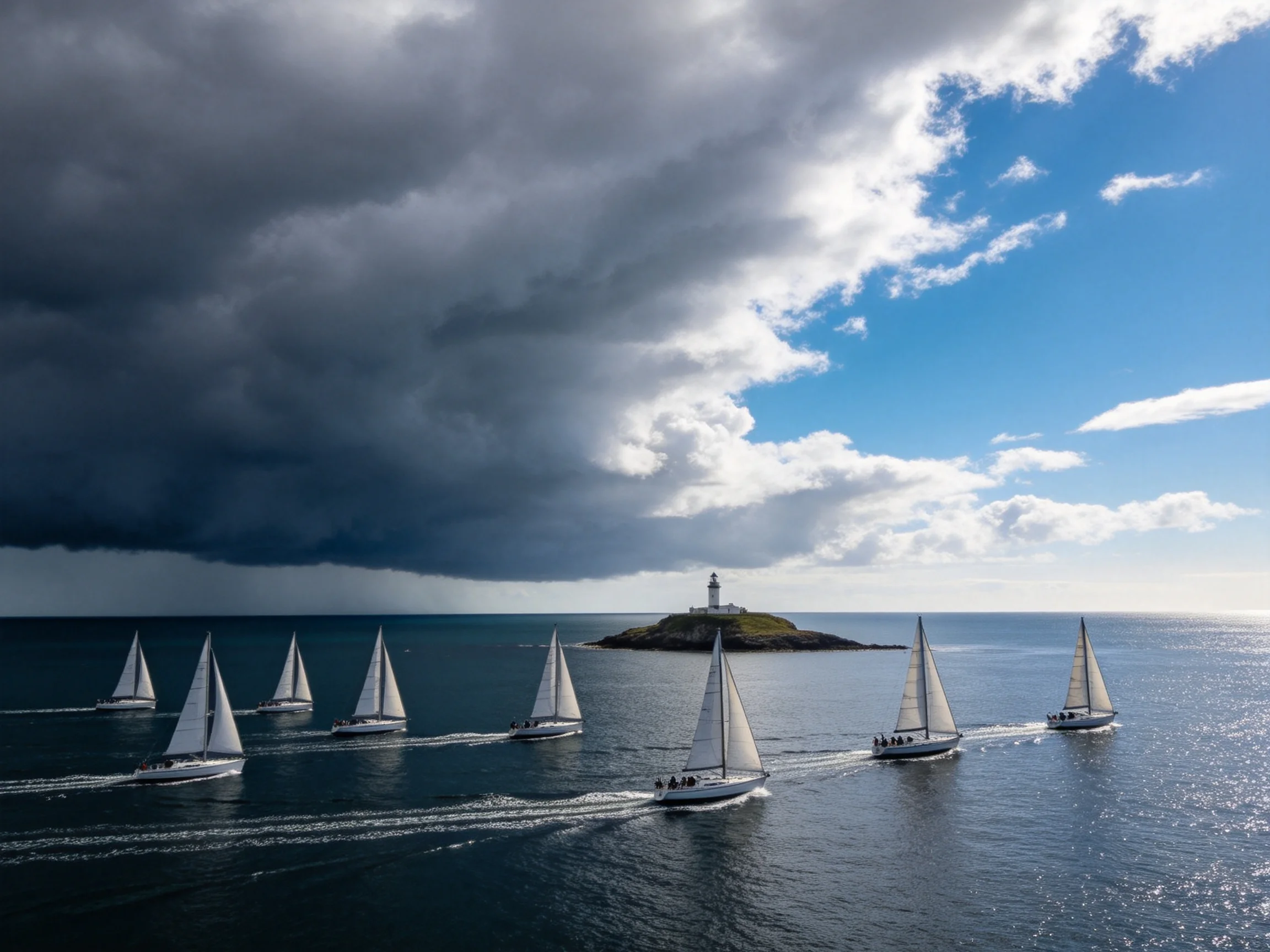 Nine sailboats navigate near a lighthouse with contrasting stormy and sunny skies
