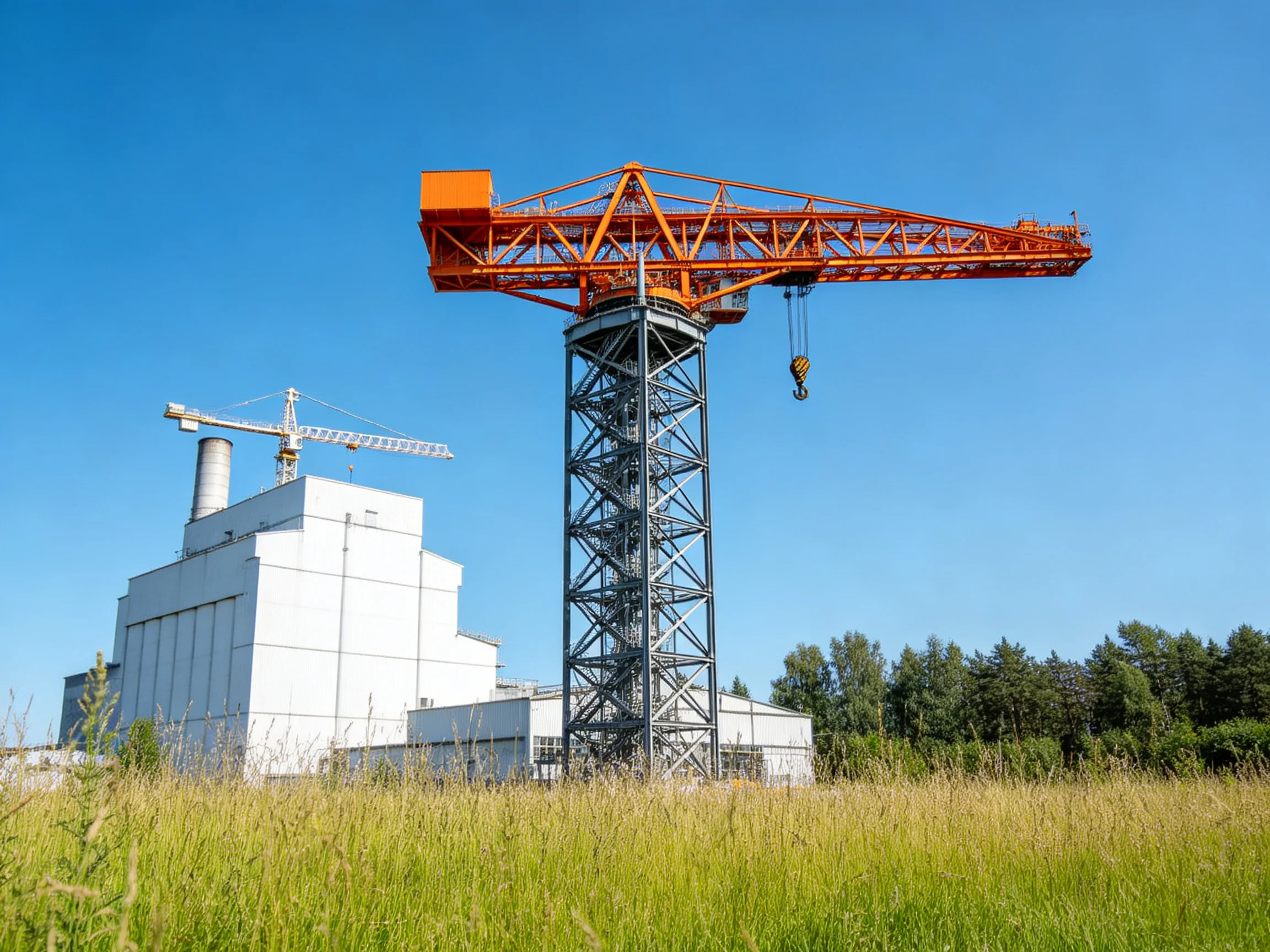 Orange tower crane, white crane, and industrial building under clear sky