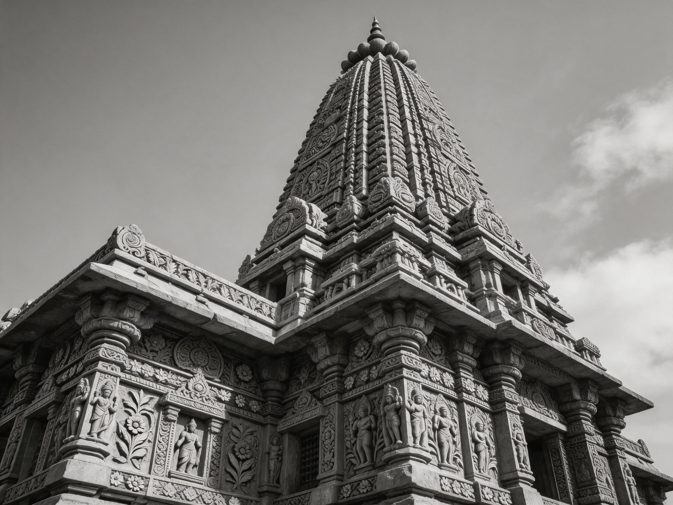 Ornate Black and White Ancient Temple Spire