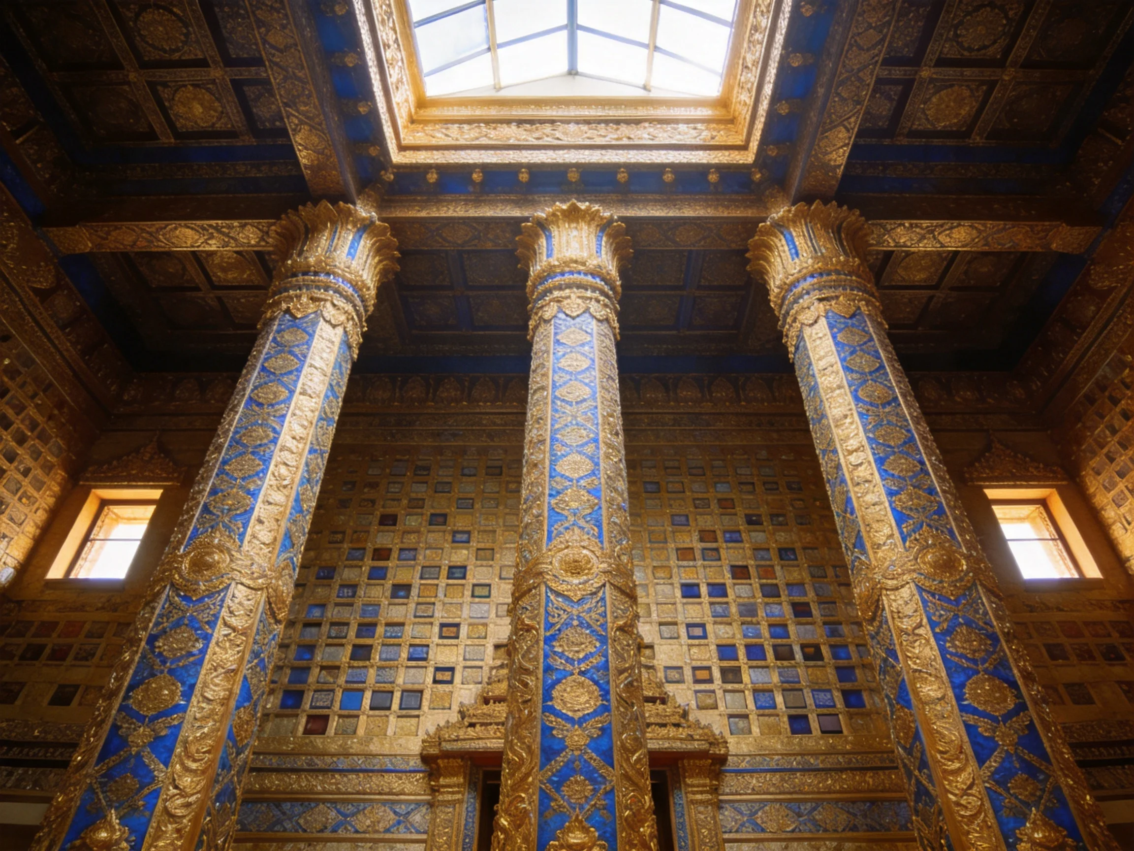 Ornate Blue and Gold Columns in a Lavishly Decorated Interior