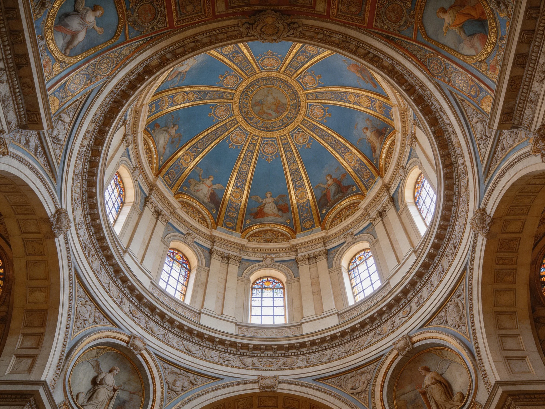 Ornate Blue and Gold Domed Ceiling with Sculpted Arches