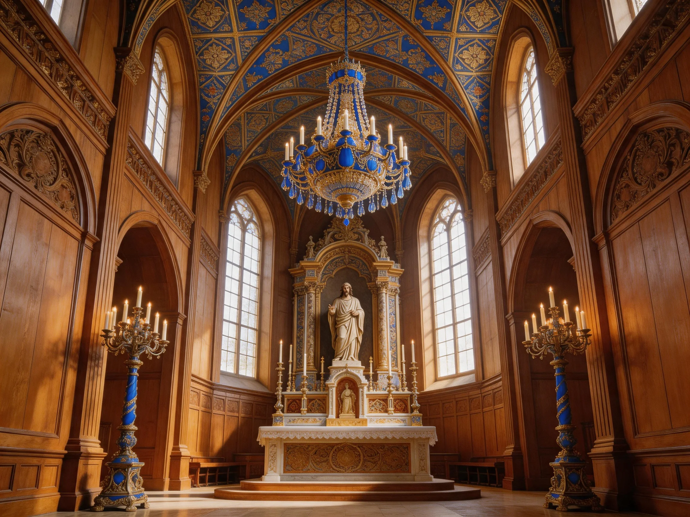Ornate Chapel Interior with Blue Ceiling, Golden Chandelier, and Wood Paneling