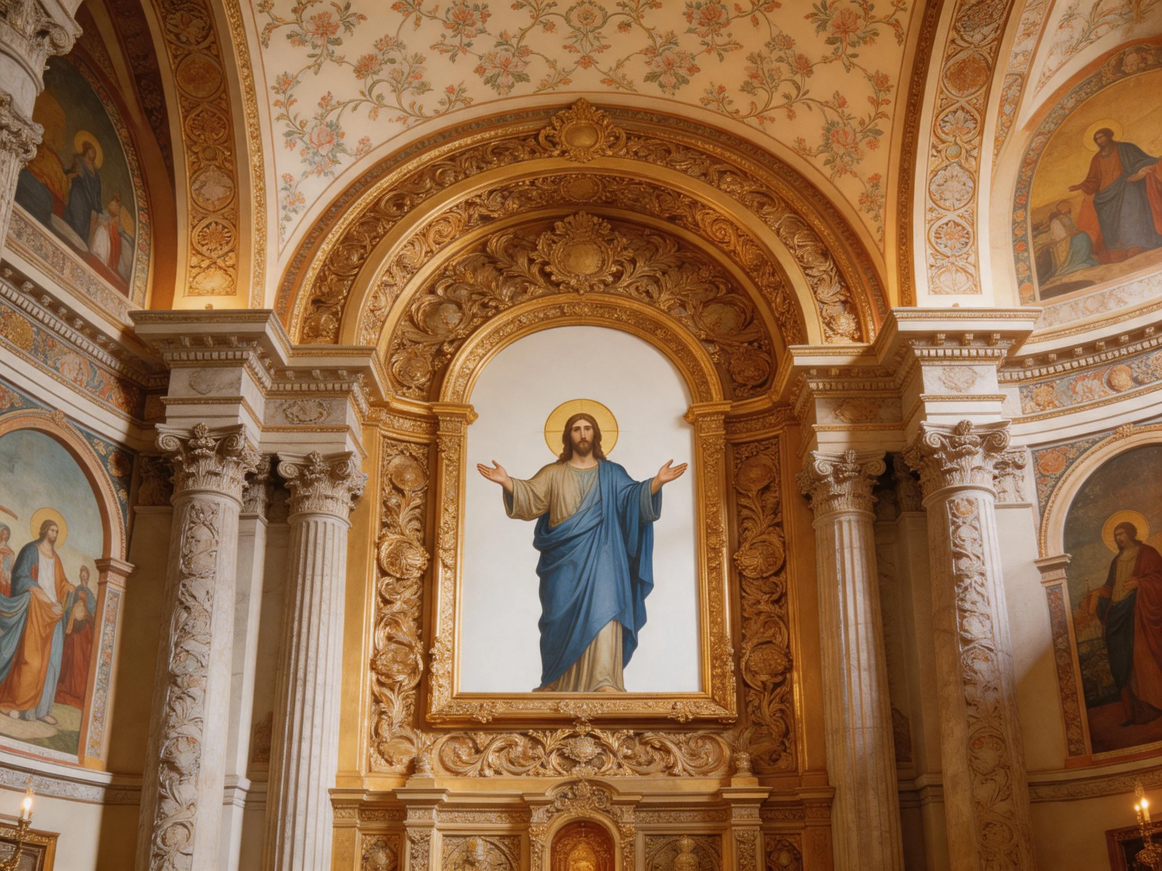 Ornate Church Interior with Golden Arched Religious Painting