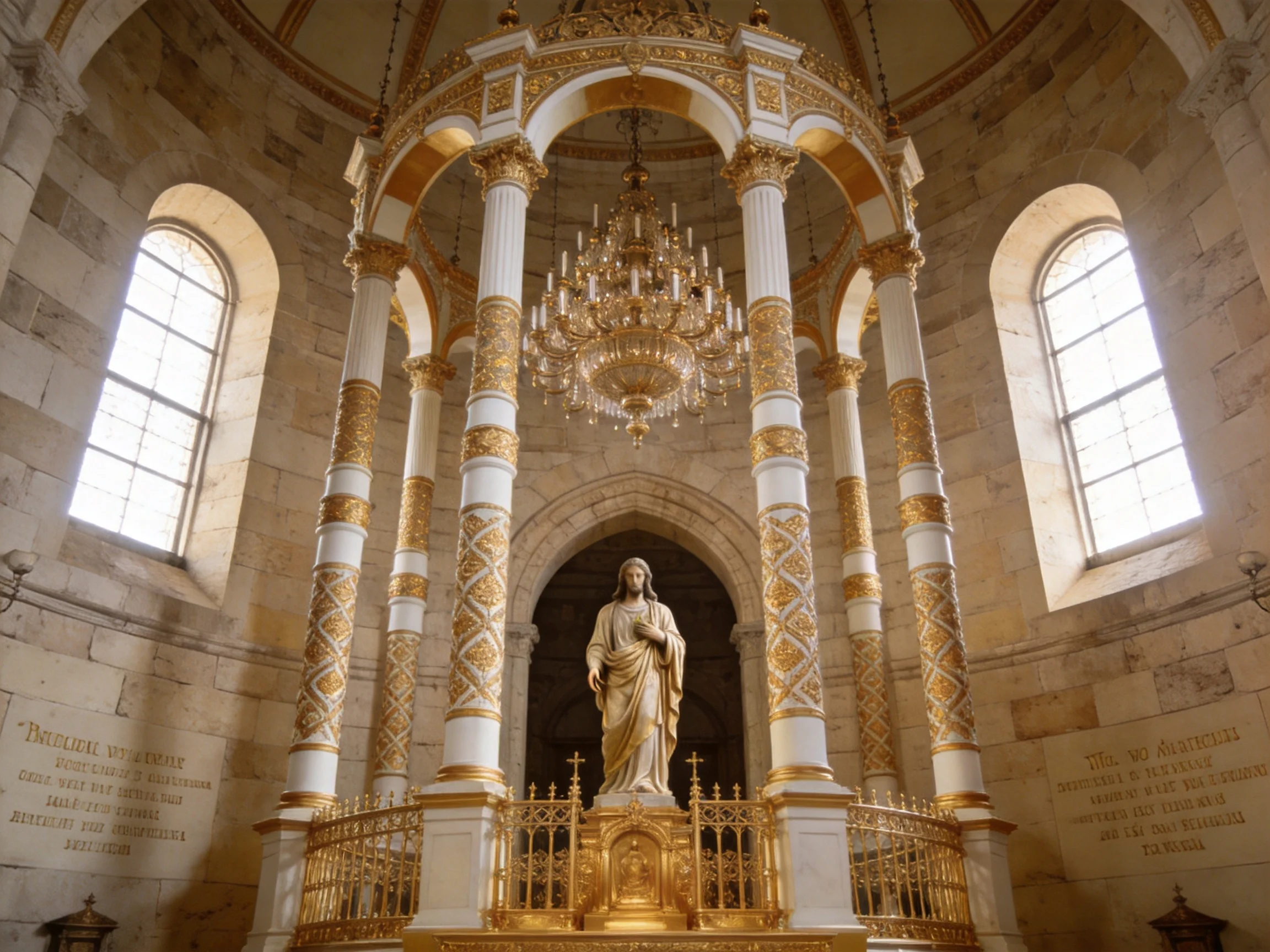 Ornate Church Interior with Golden Columns and Central Statue