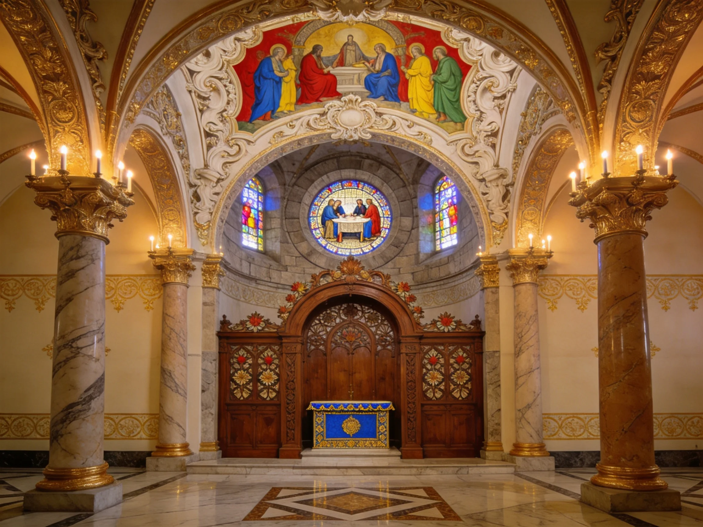 Ornate Church Interior with Marble Columns and Stained Glass Windows