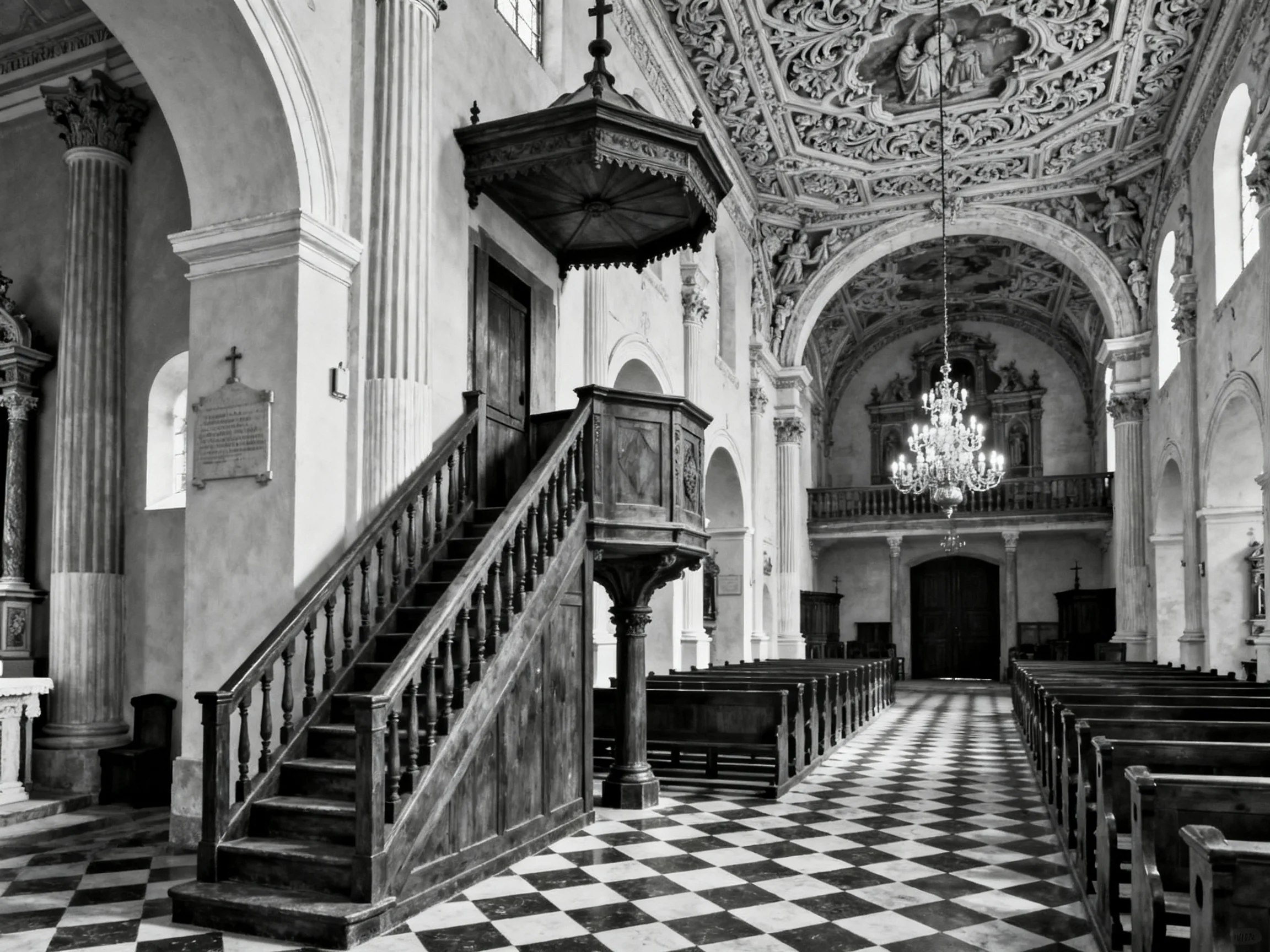 Ornate Church Interior with Wooden Pulpit and Chandeliers