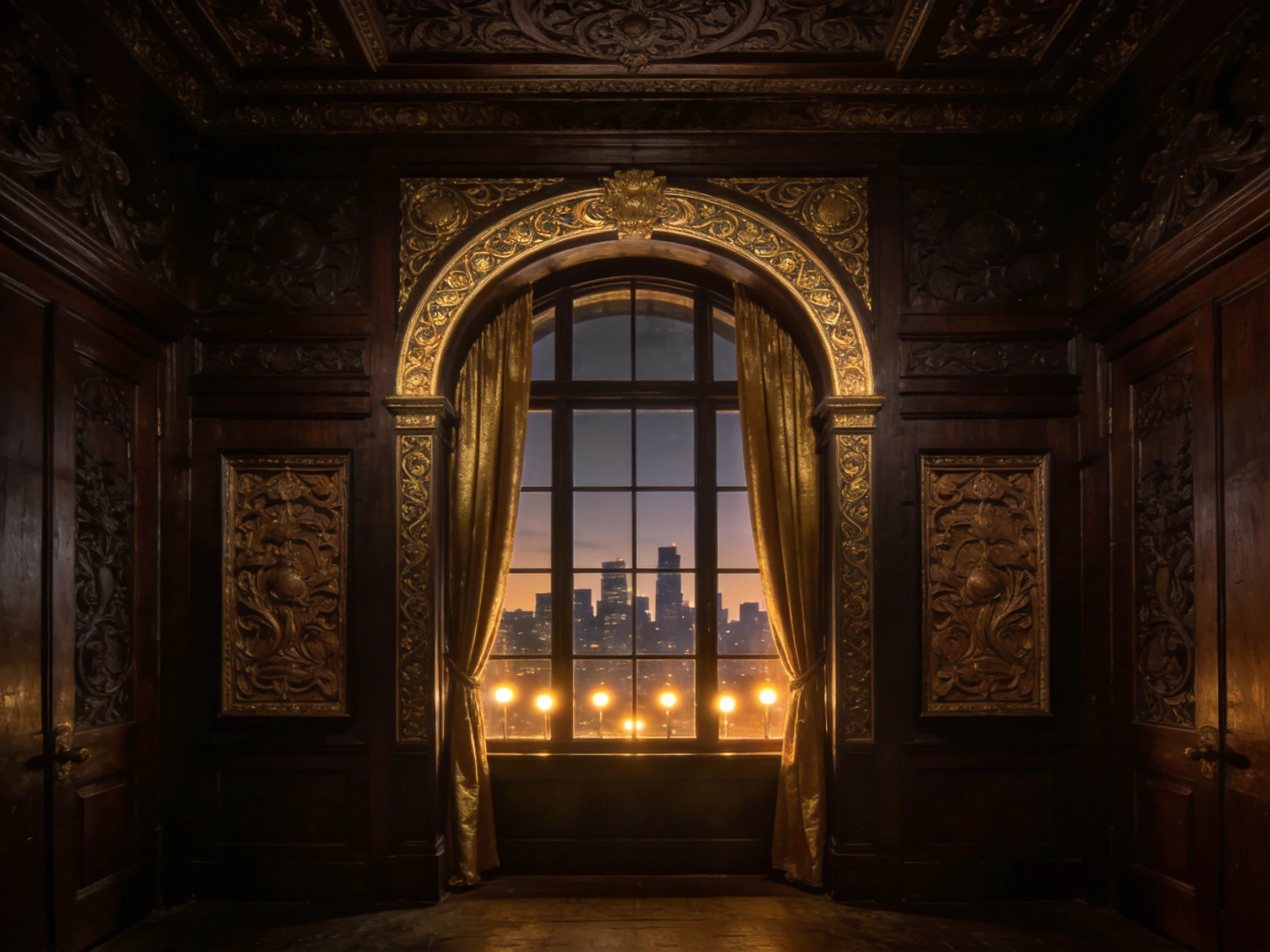 Ornate Dark Wood Room with Golden Accents and City View