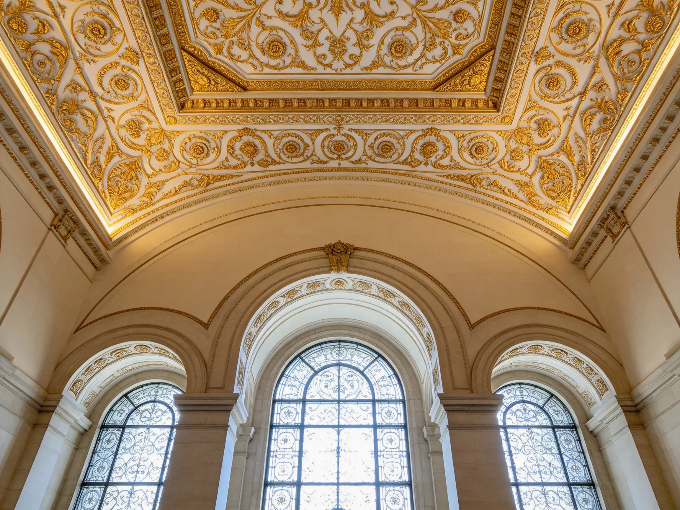 Ornate Gilded Ceiling Above Three Arched Windows