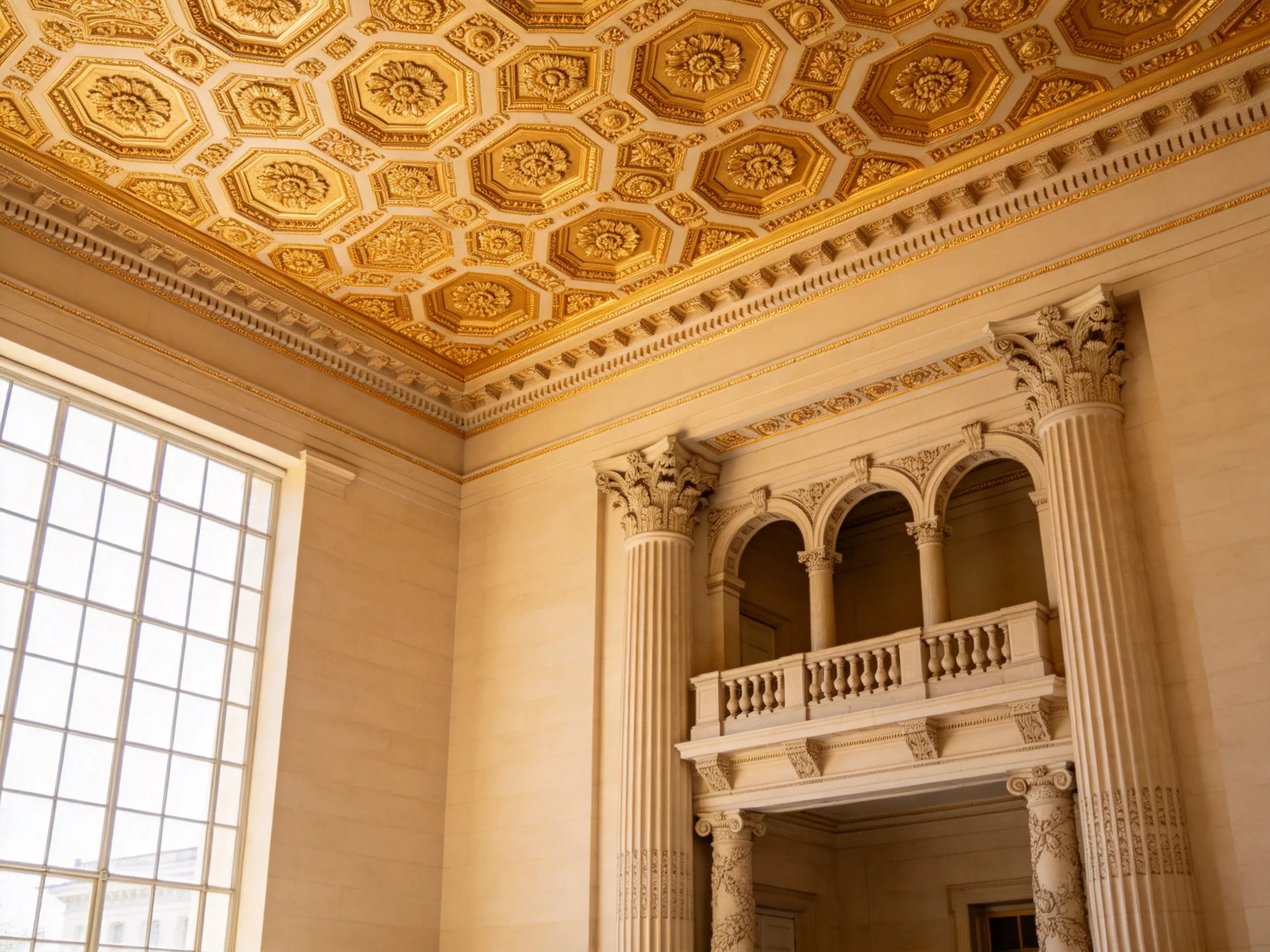 Ornate Gold Ceiling and Classical Columns Interior