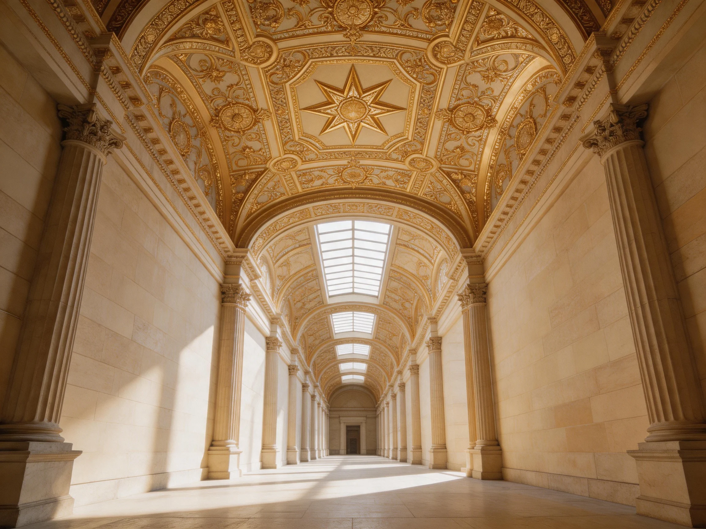 Ornate Gold Ceiling with Tall Columns in Historic Hallway