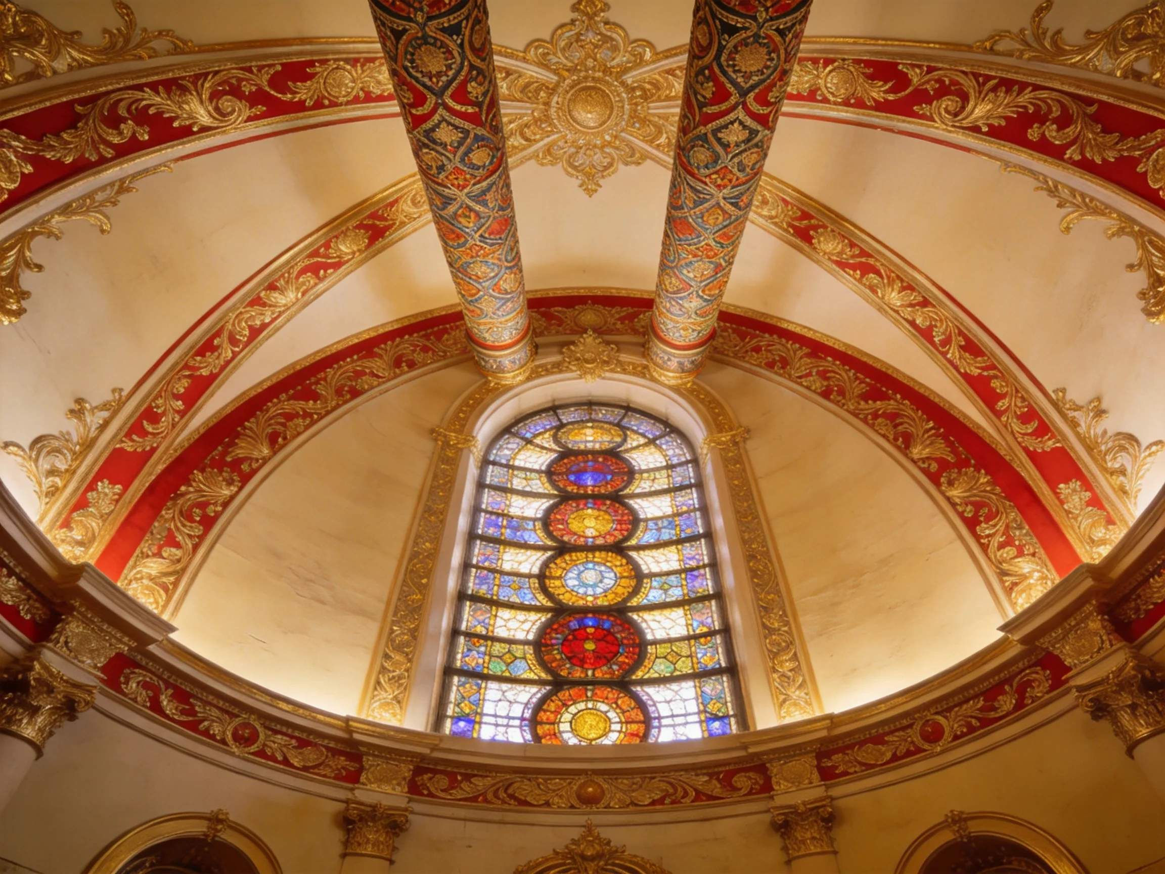 Ornate Gold and Red Ceiling with Stained Glass Window