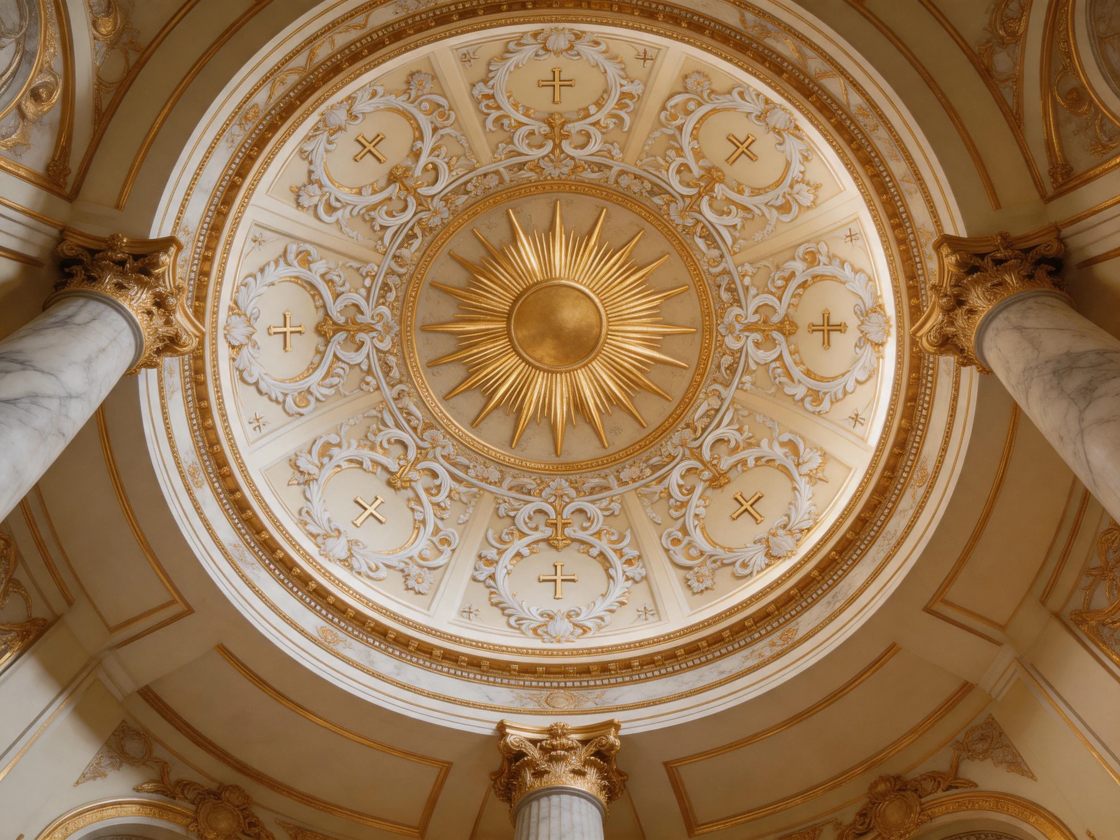 Ornate Gold and White Ceiling with Cross Symbols and Marble Columns