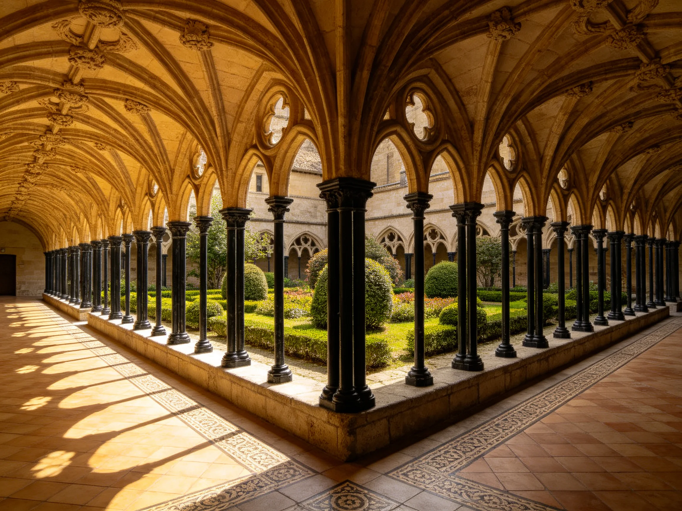 Ornate Gothic Cloister with Black Columns and Sunlit Courtyard