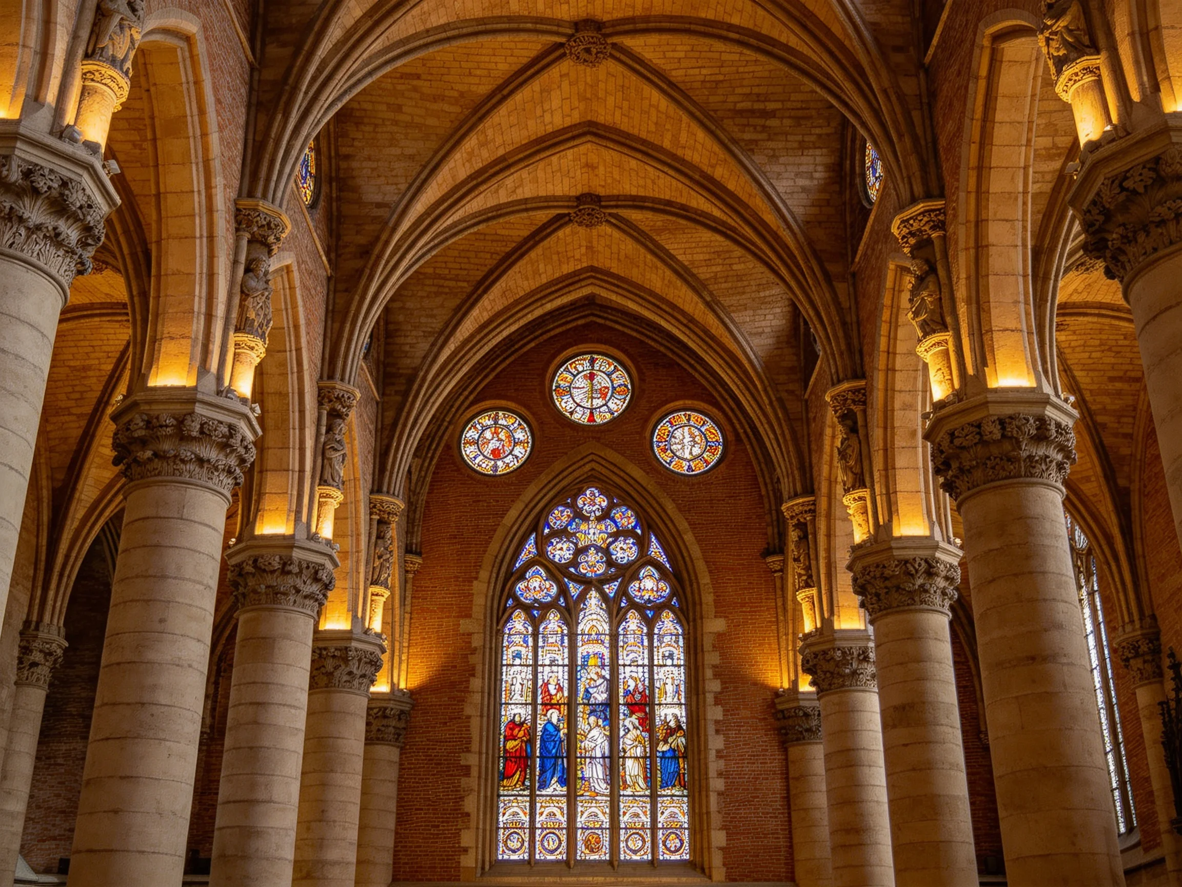 Ornate Gothic Interior with Tall Stone Columns, Arched Ceilings, and Colorful Stained Glass Windows