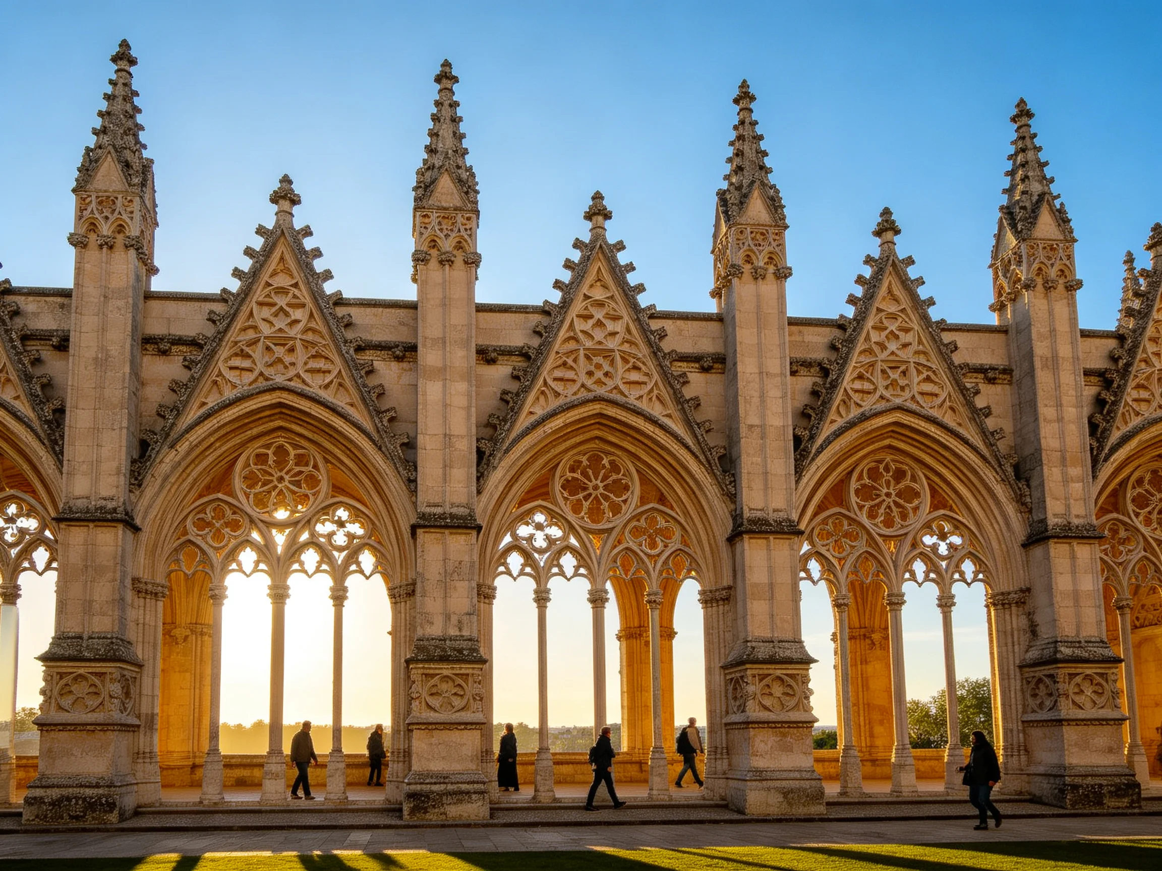 Ornate Gothic Stone Archways Illuminated by Golden Light