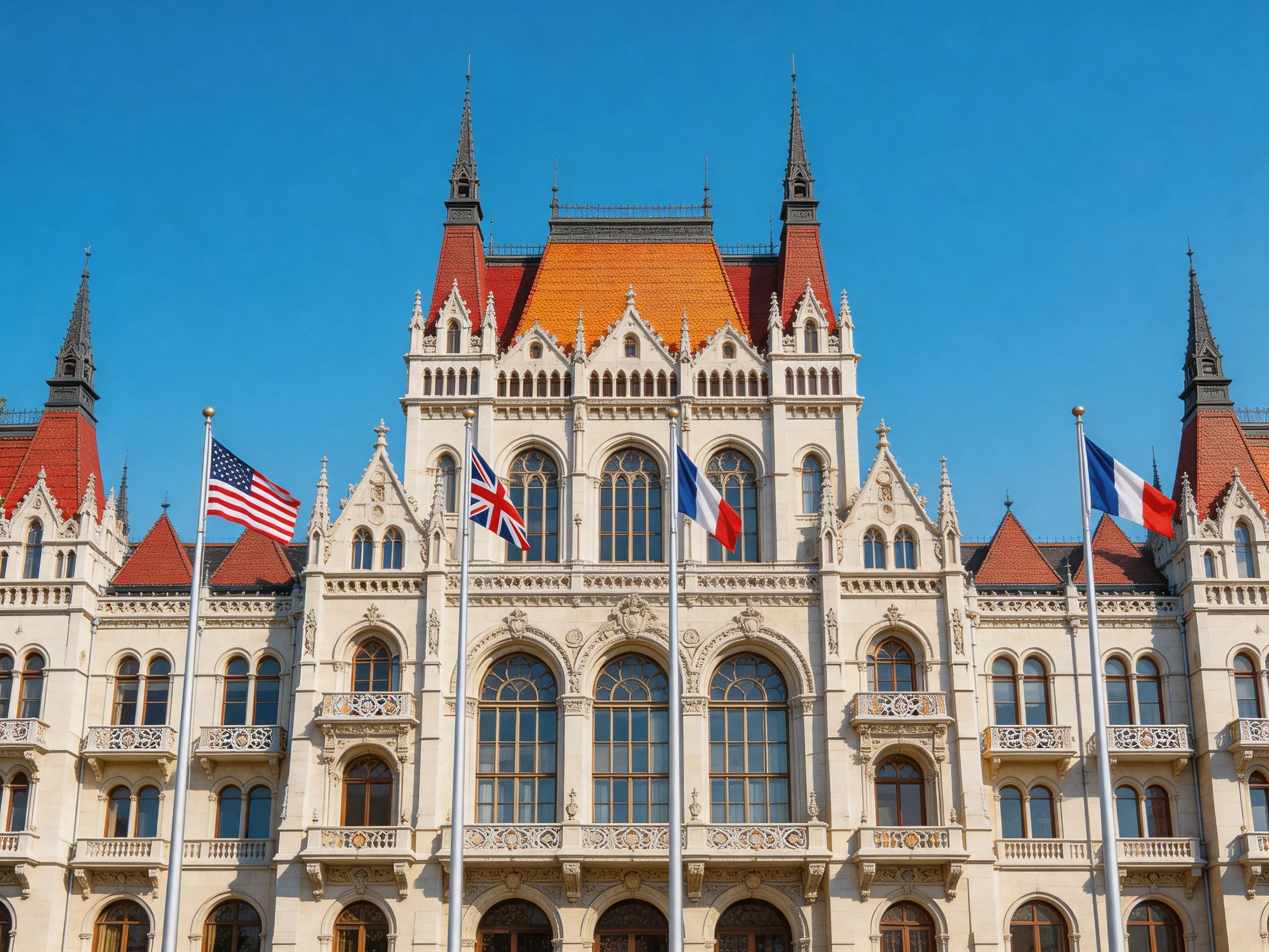 Ornate Gothic-style building with four national flags displayed