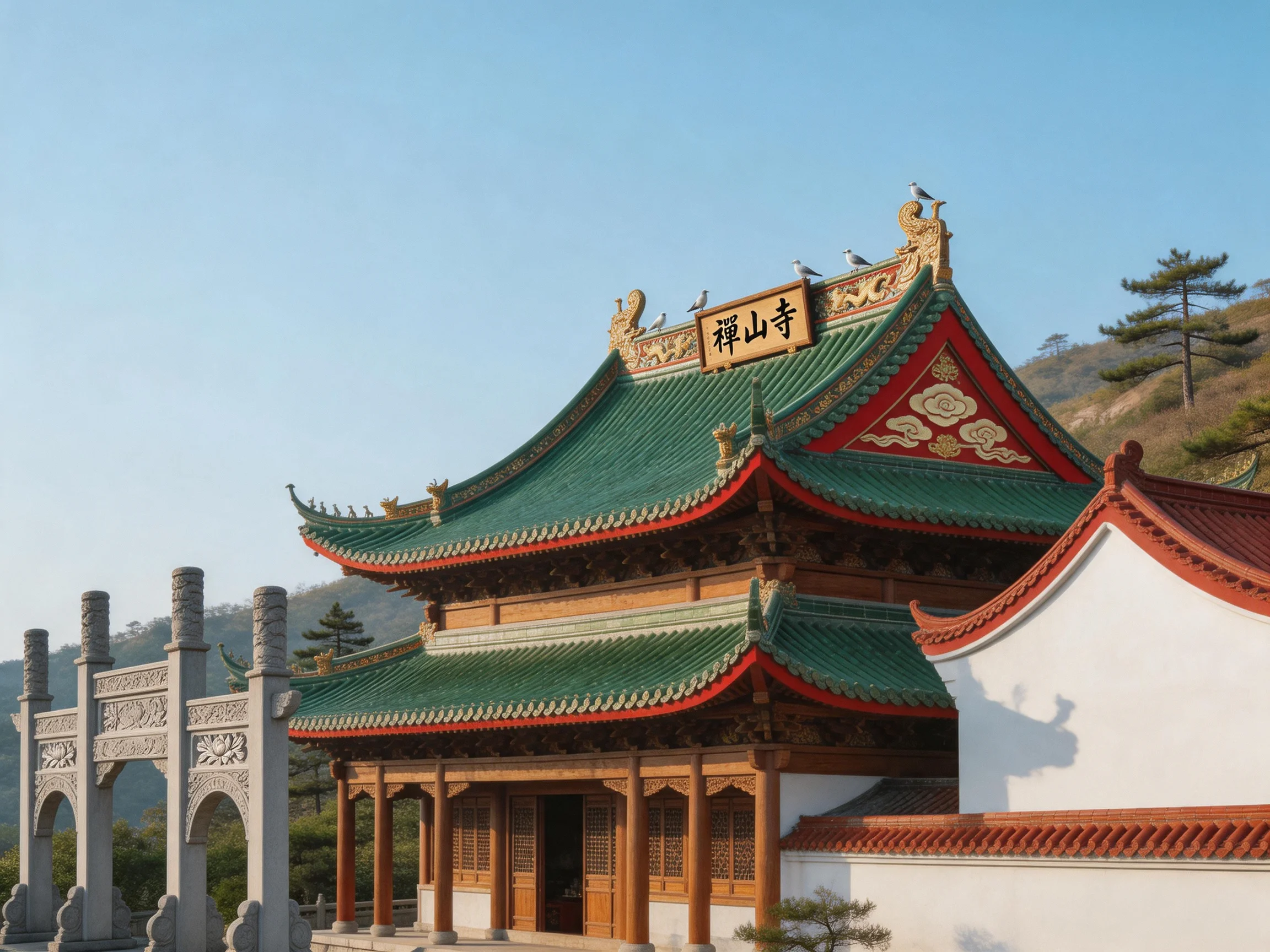 Ornate Green-Roofed Temple with Red Accents Near Mountains