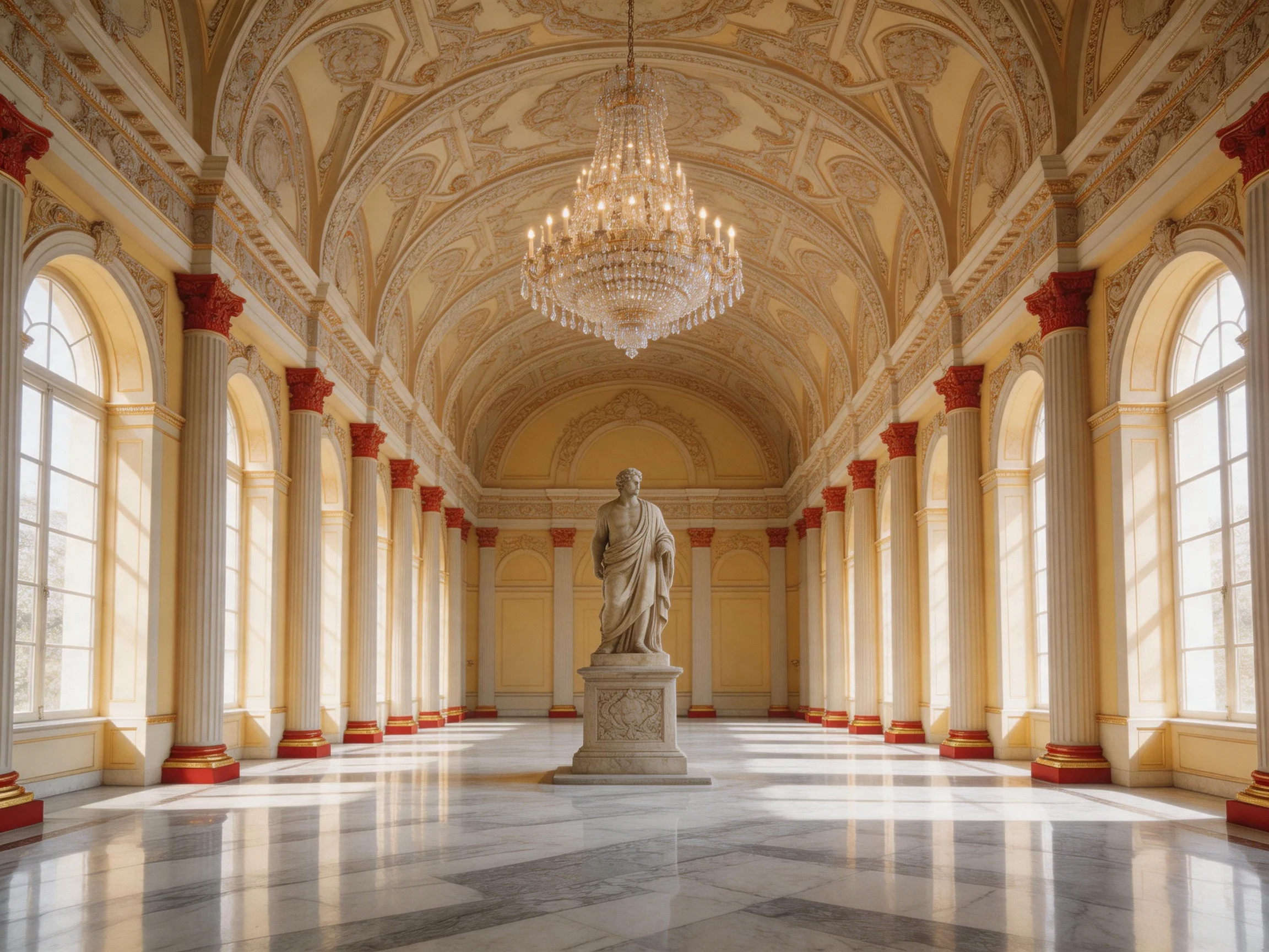 Ornate Hall with Crystal Chandelier, Red-Capped Columns, Marble Floor