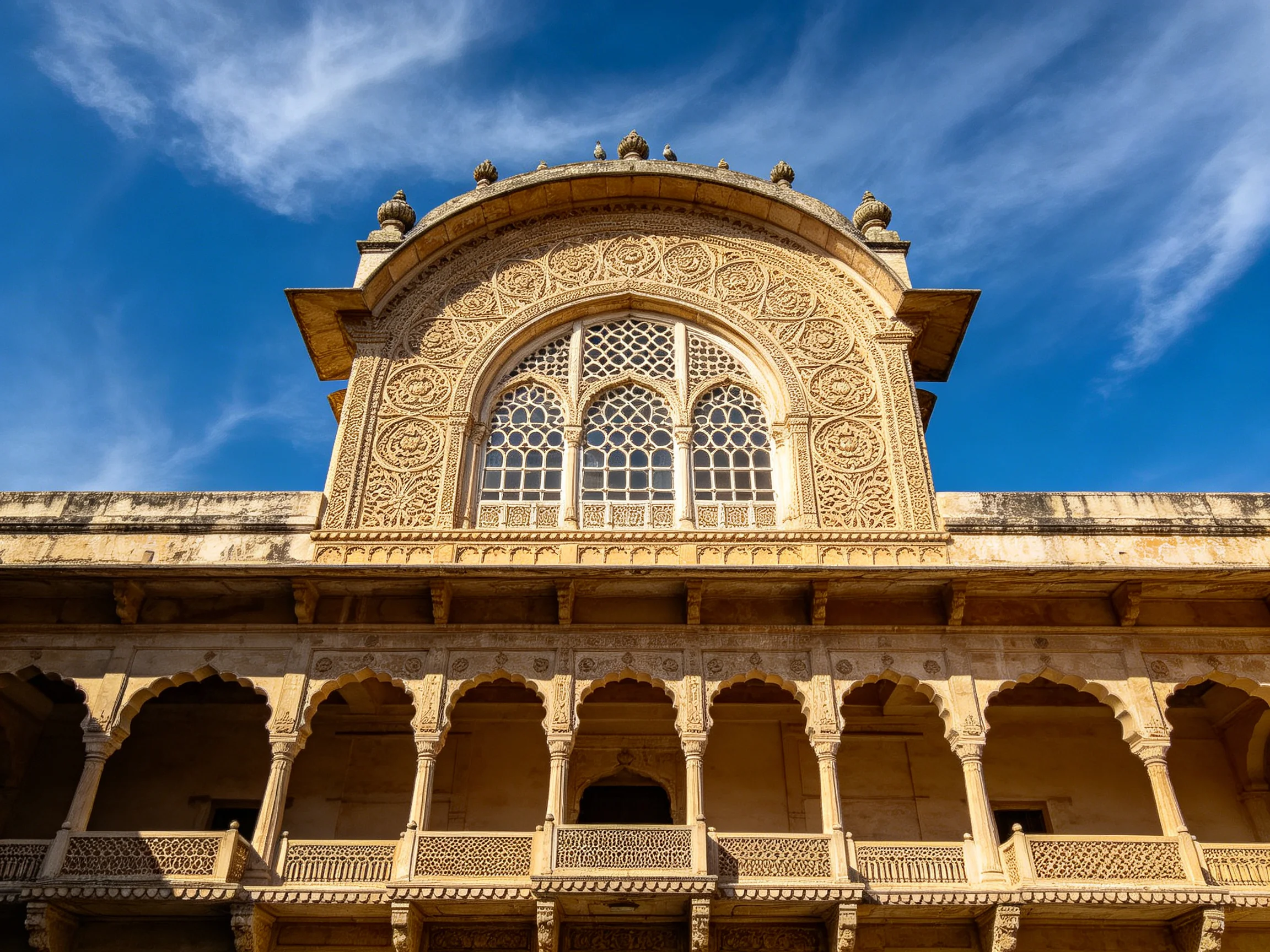 Ornate Historic Stone Building with Decorative Facade and Arched Balconies