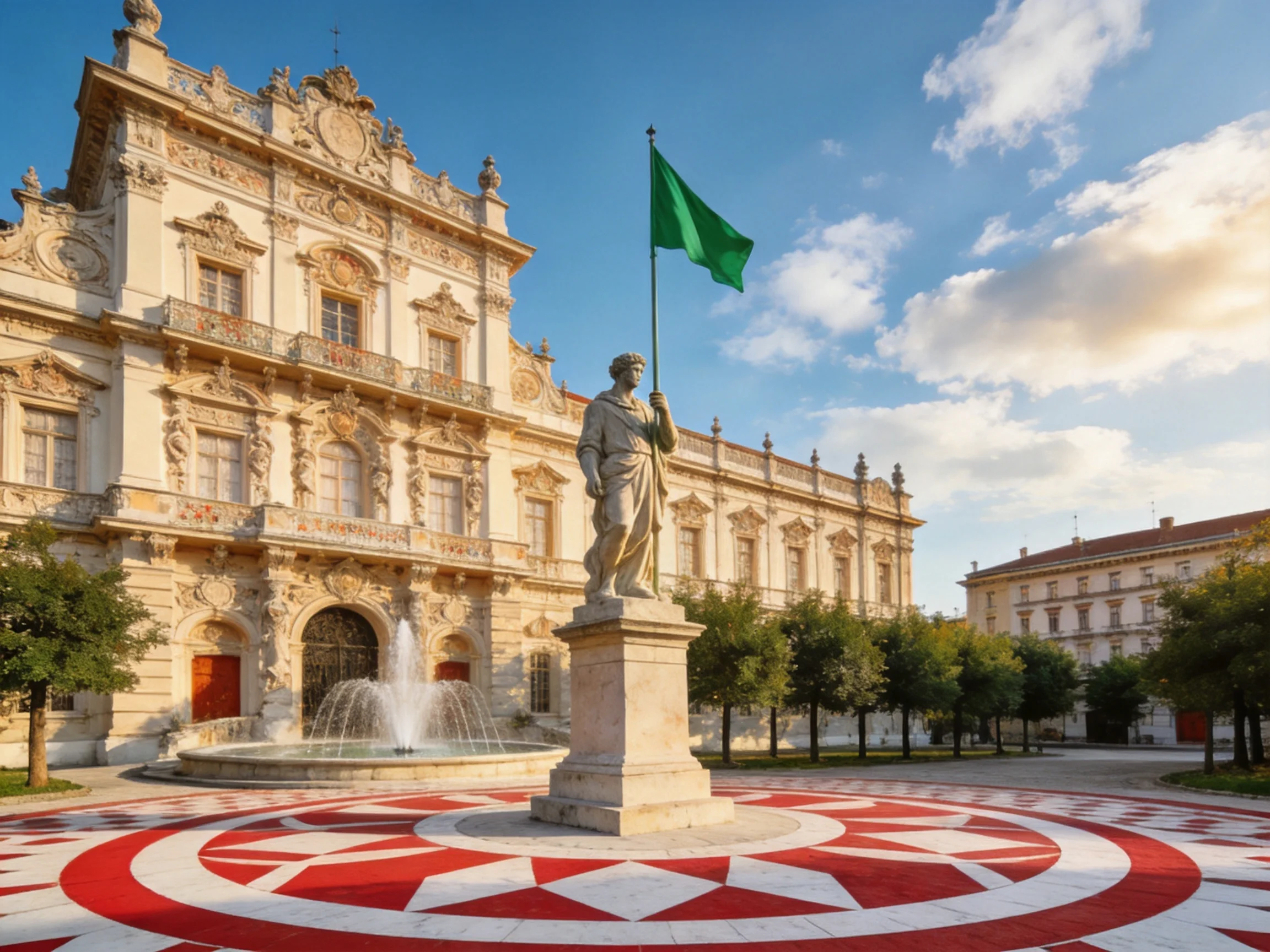 Ornate Historical Palace with Statue, Fountain, and Patterned Plaza