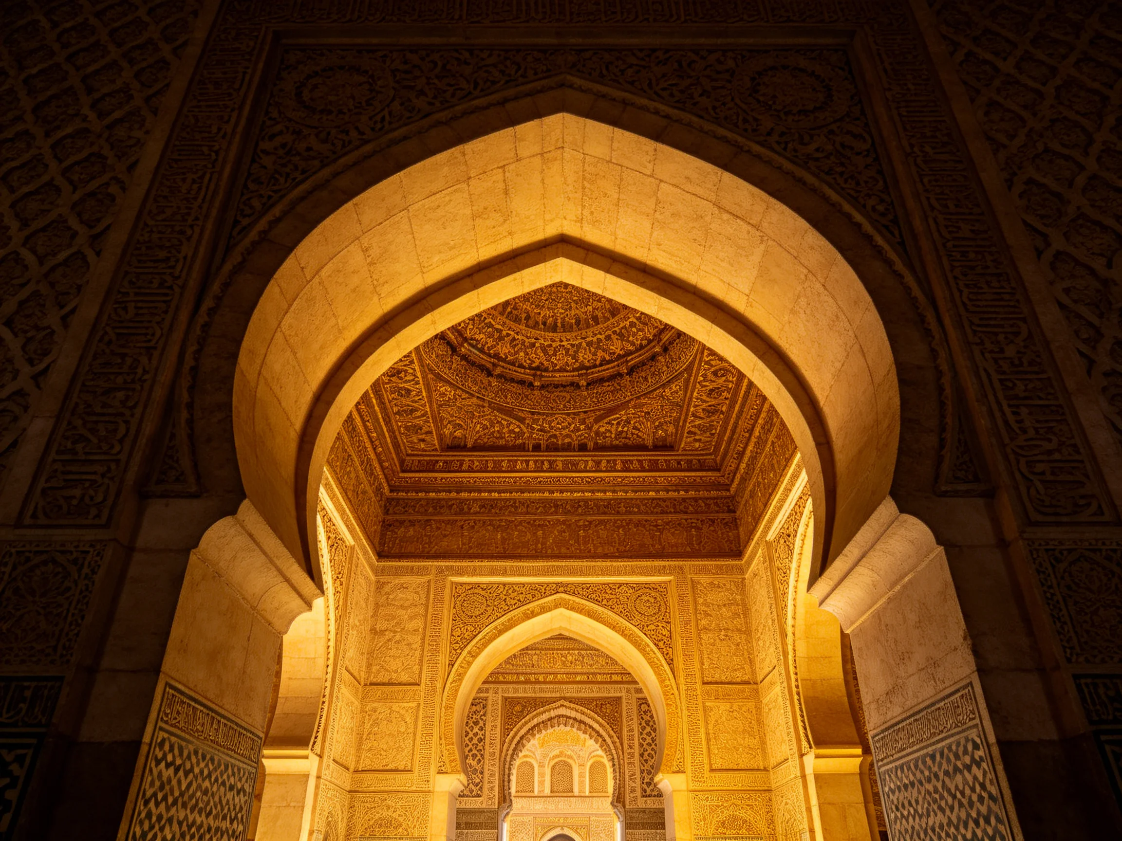 Ornate Islamic Archways with Intricate Carvings Under Golden Lighting