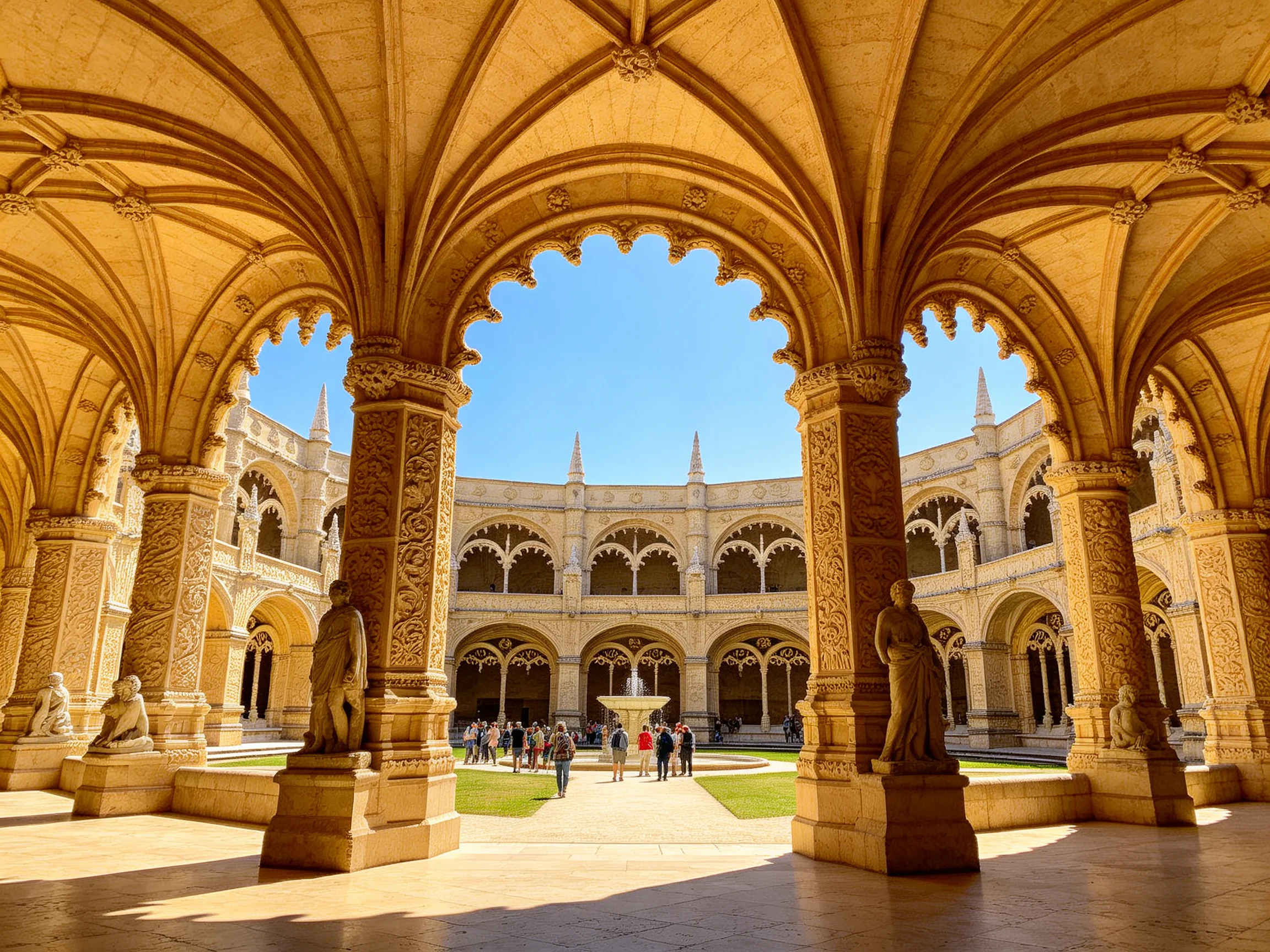 Ornate Medieval Courtyard with Arched Ceilings and Stone Statues