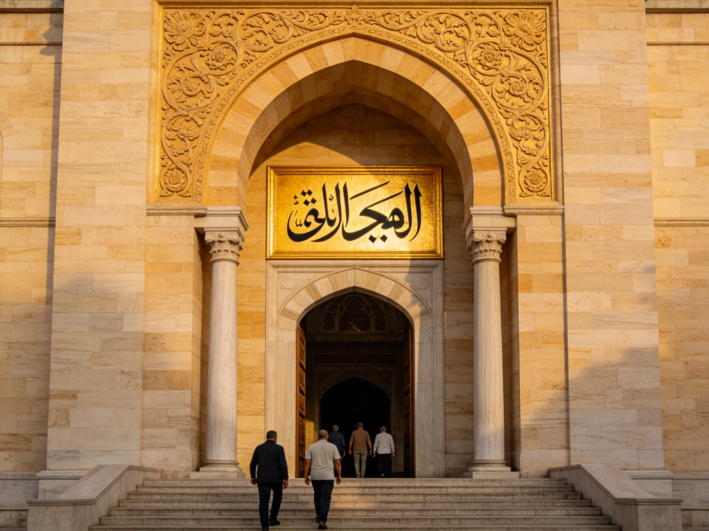 Ornate Mosque Entrance with Golden Arch and Arabic Inscription