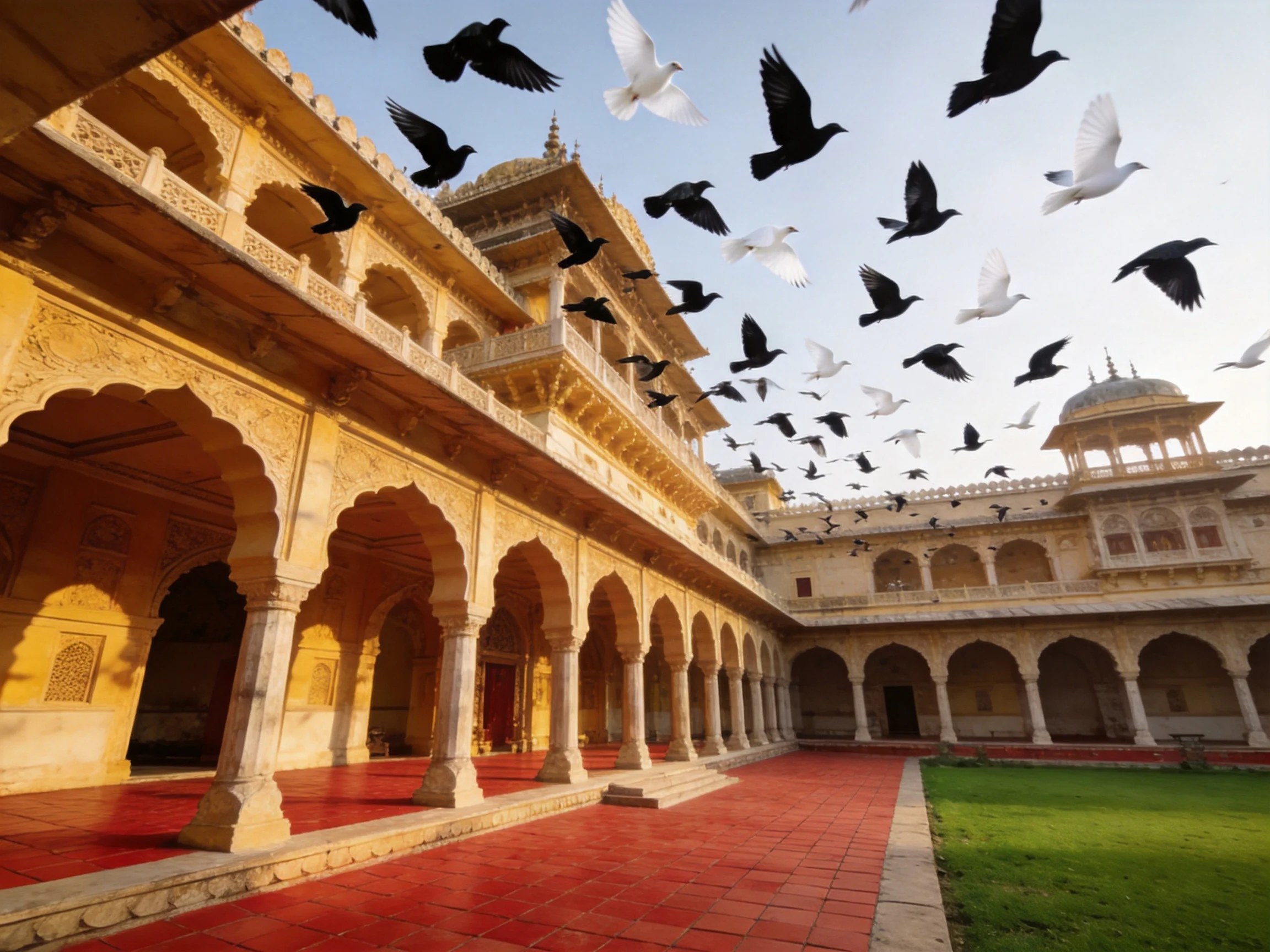Ornate Palace Courtyard with Black and White Birds Soaring