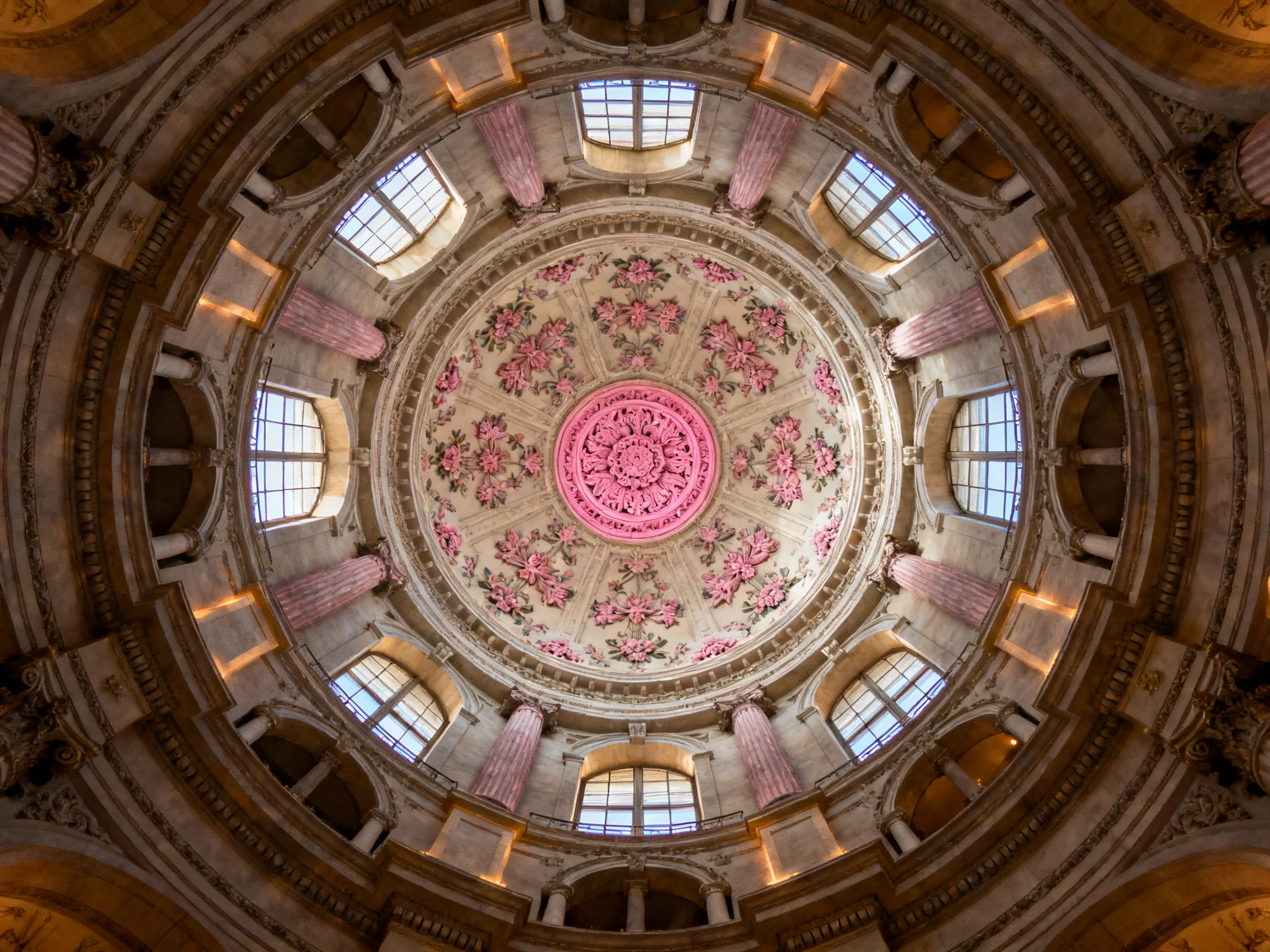 Ornate Pink-Frescoed Dome Ceiling with Stone Columns and Arched Windows