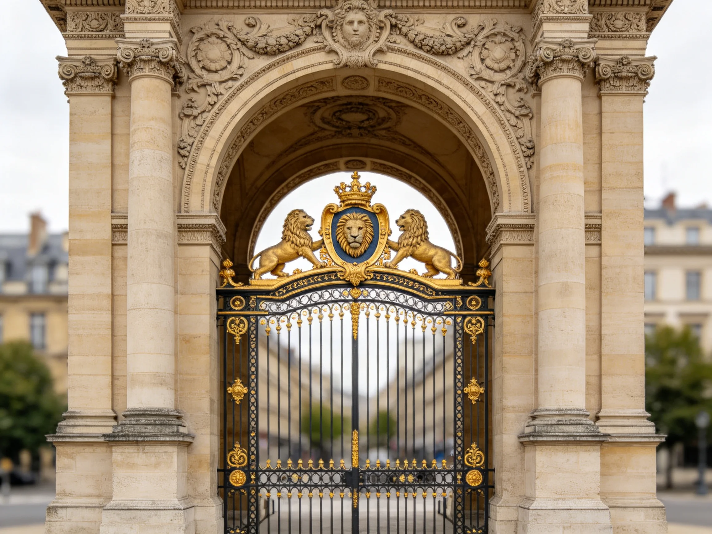 Ornate Stone Archway with Golden Lion Gate and Crest