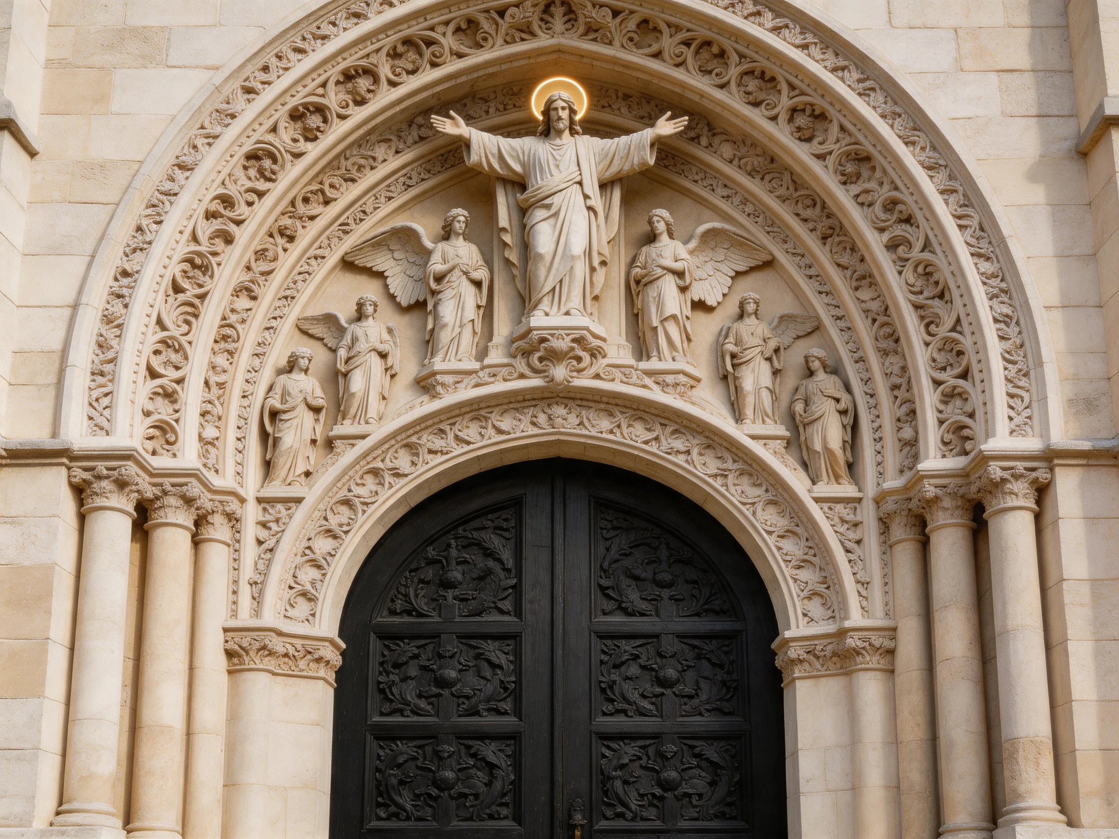 Ornate Stone Archway with Religious Statues Above Dark Double Doors