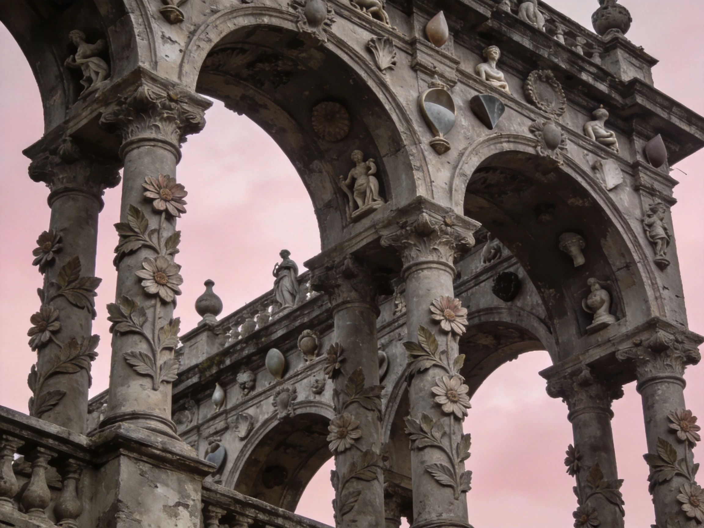 Ornate Stone Archway with Sculptures and Floral Decorations Under Pink Sky