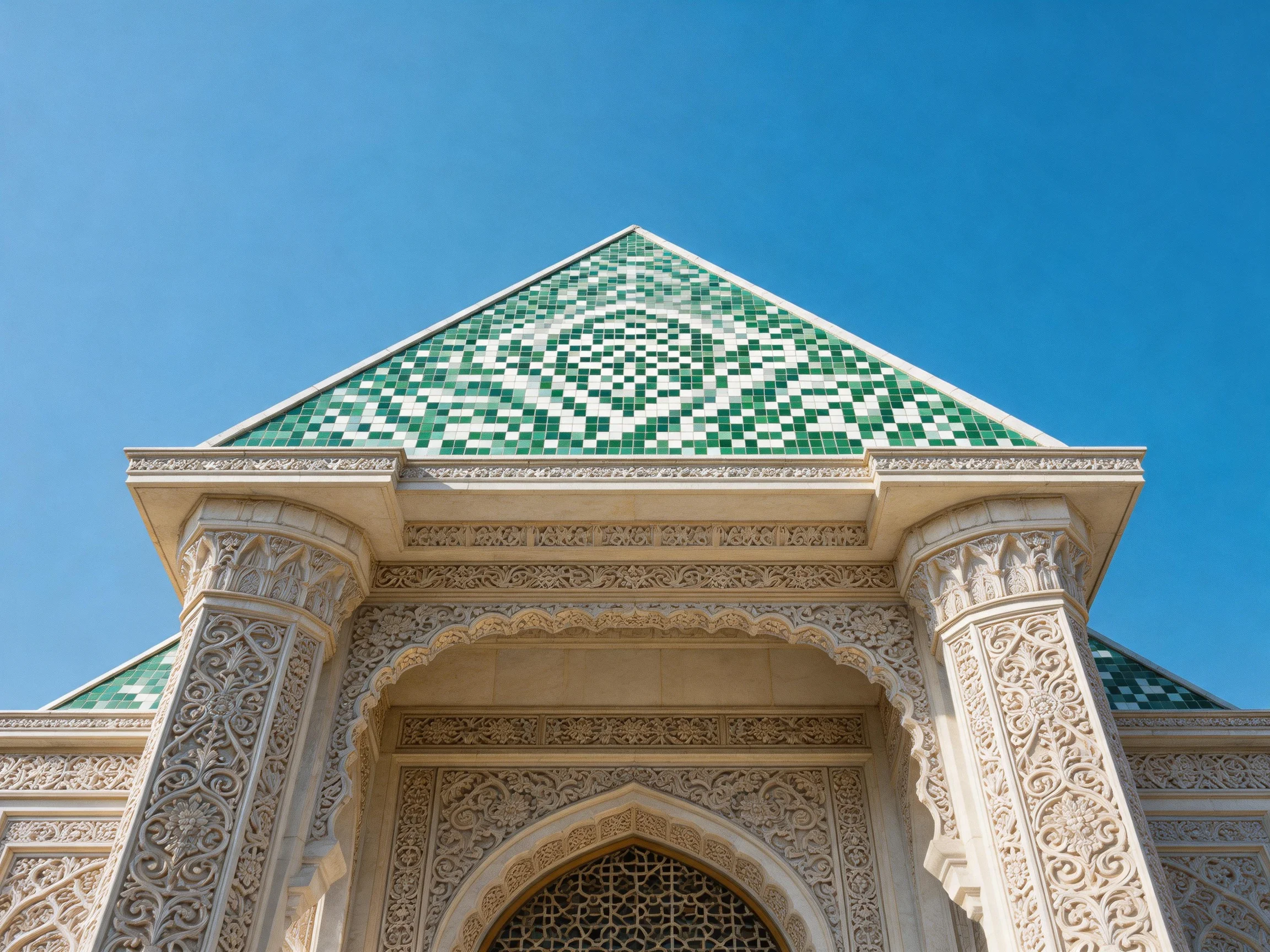 Ornate Stone Building with Green Mosaic Pyramid Roof