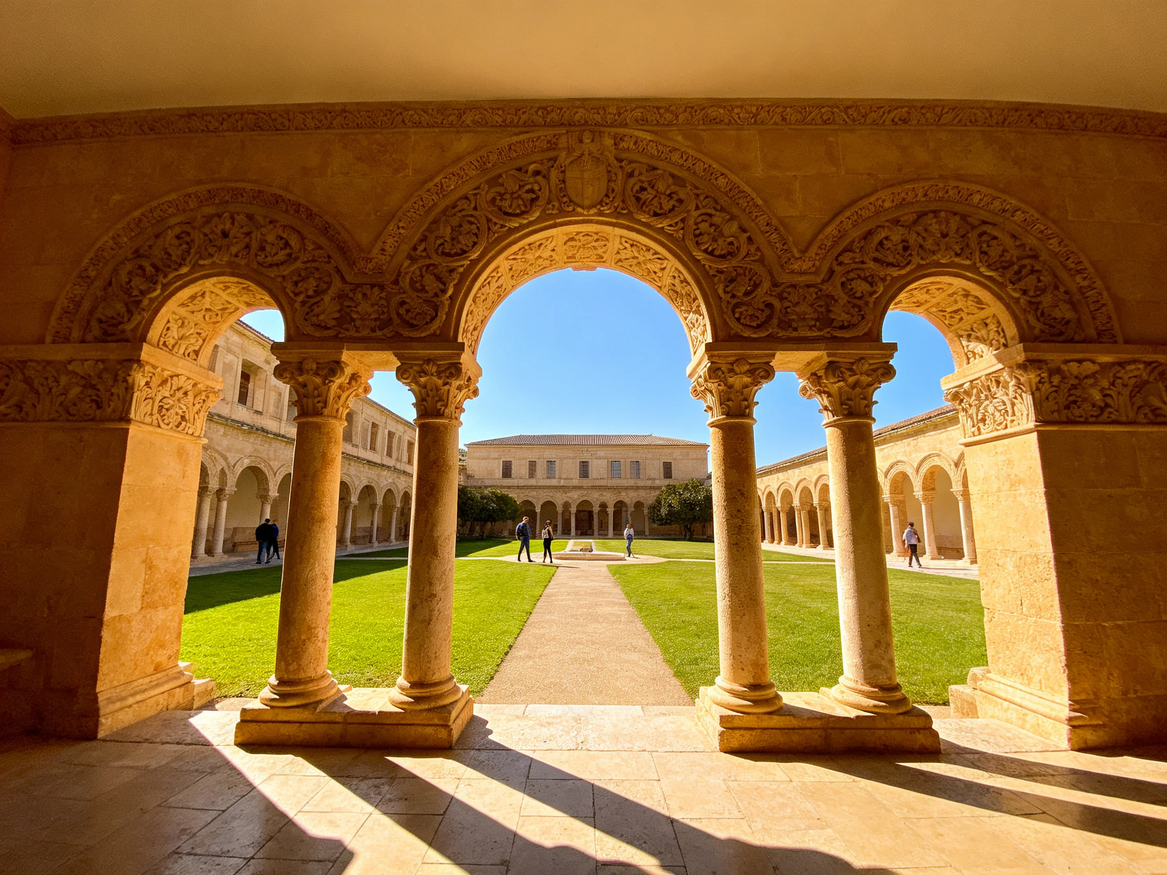 Ornate Stone Courtyard with Arched Walkways and Central Lawn