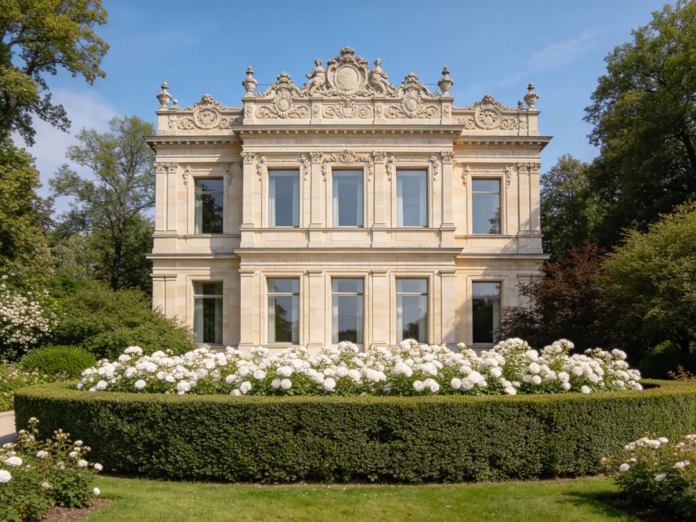 Ornate Stone Mansion With White Flower Beds and Lush Greenery