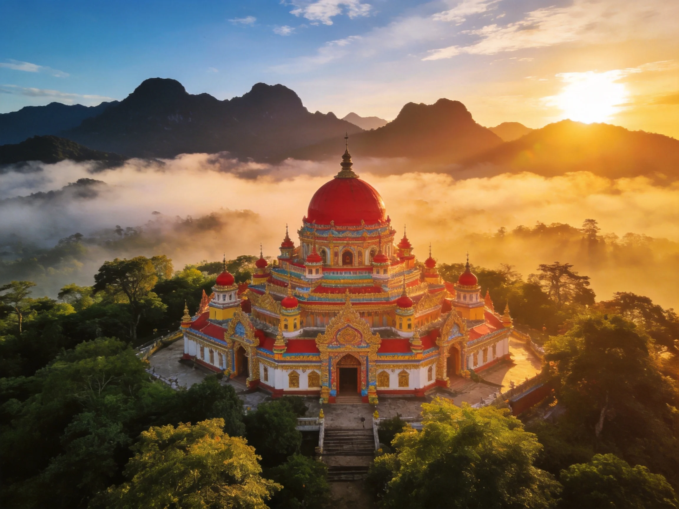 Ornate Temple with Red Dome Amid Mountain Mist at Golden Hour
