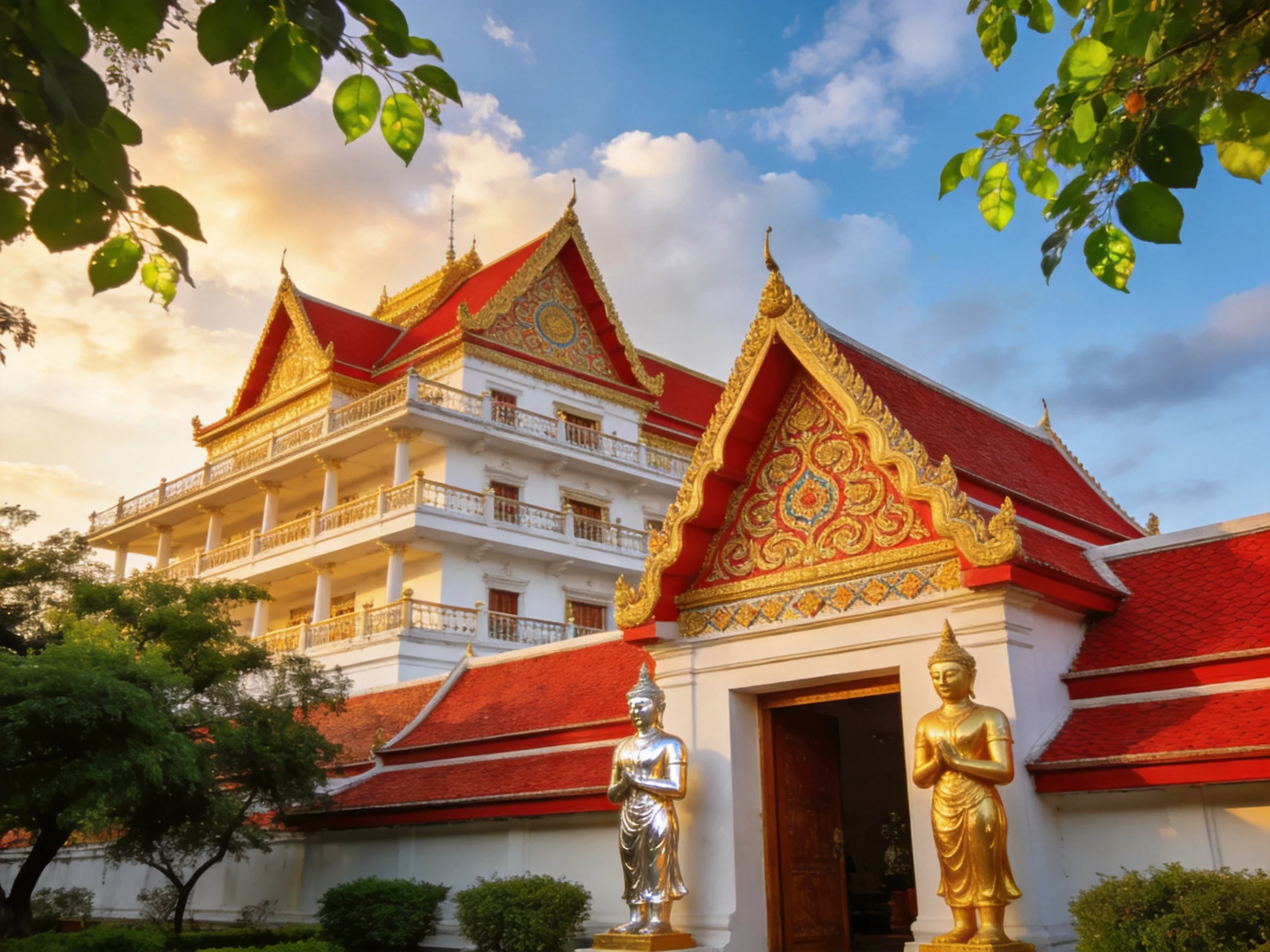 Ornate Thai temple complex with red roofs and golden accents
