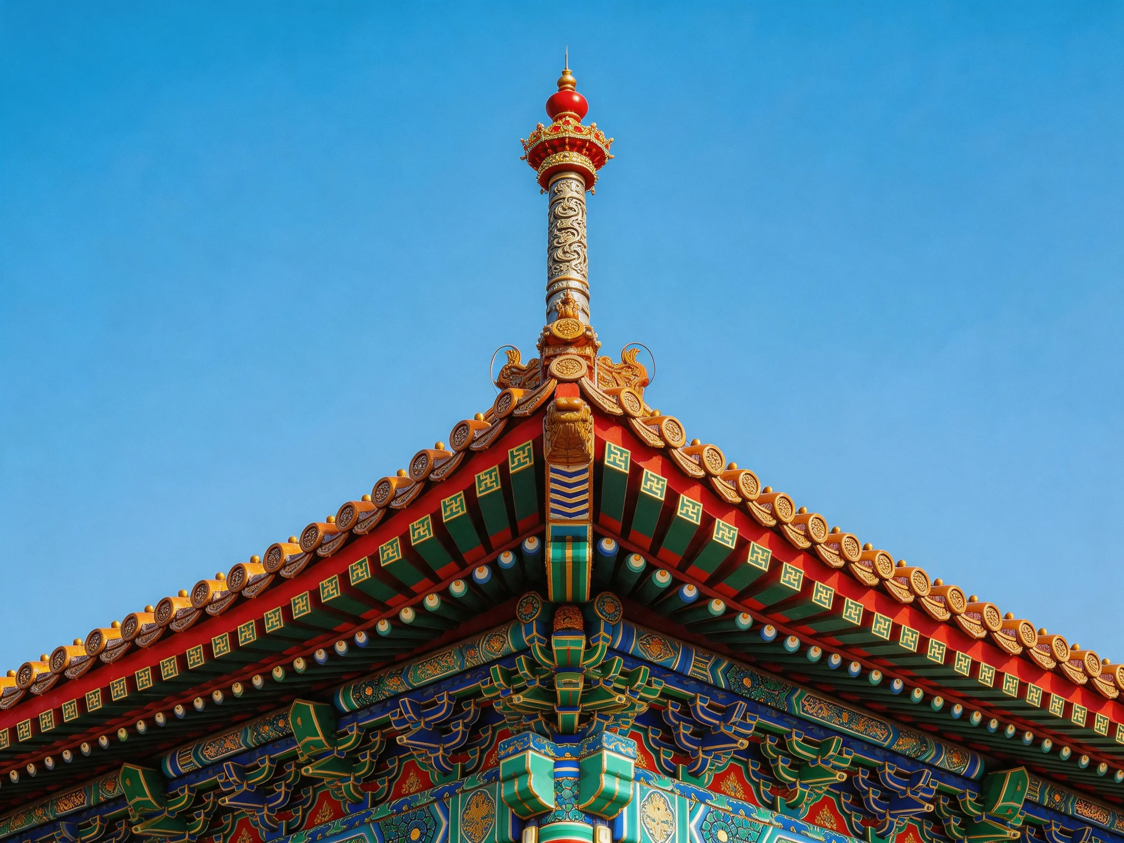 Ornate Traditional Roof Corner with Vibrant Colors and Intricate Details