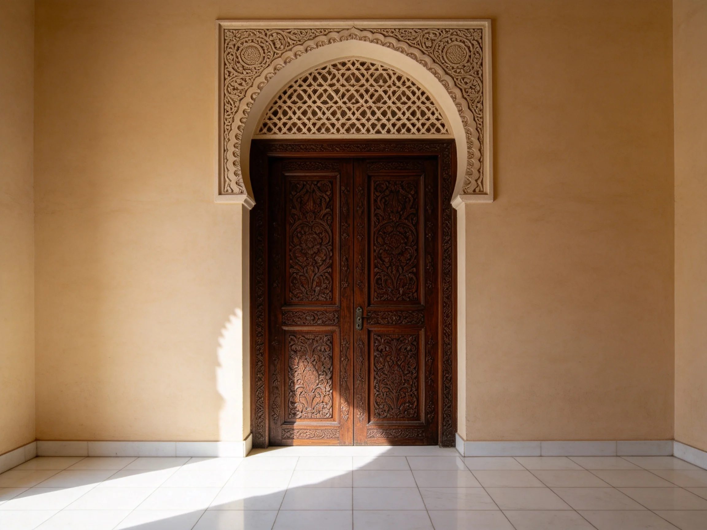 Ornate arched doorway with intricately carved dark wood doors and beige walls