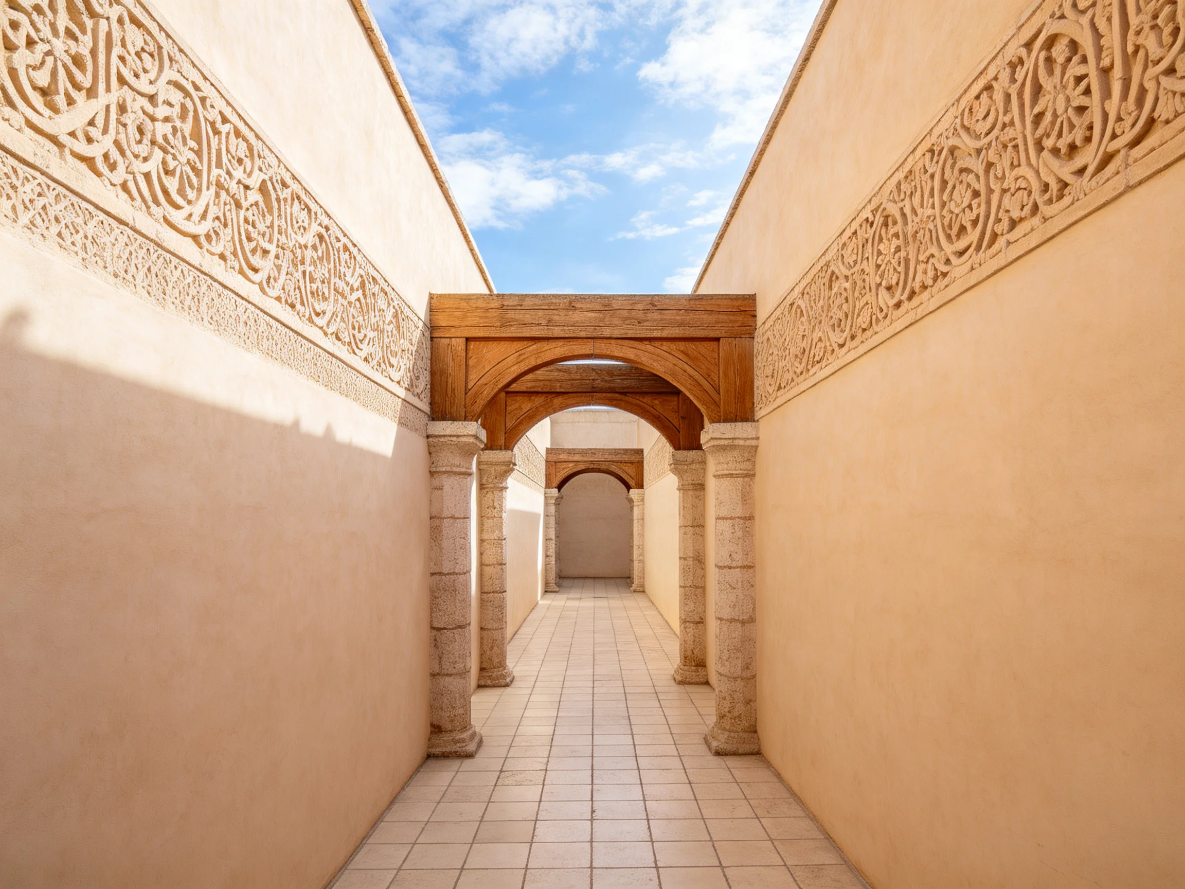 Ornate archway corridor with stone columns and tiled flooring