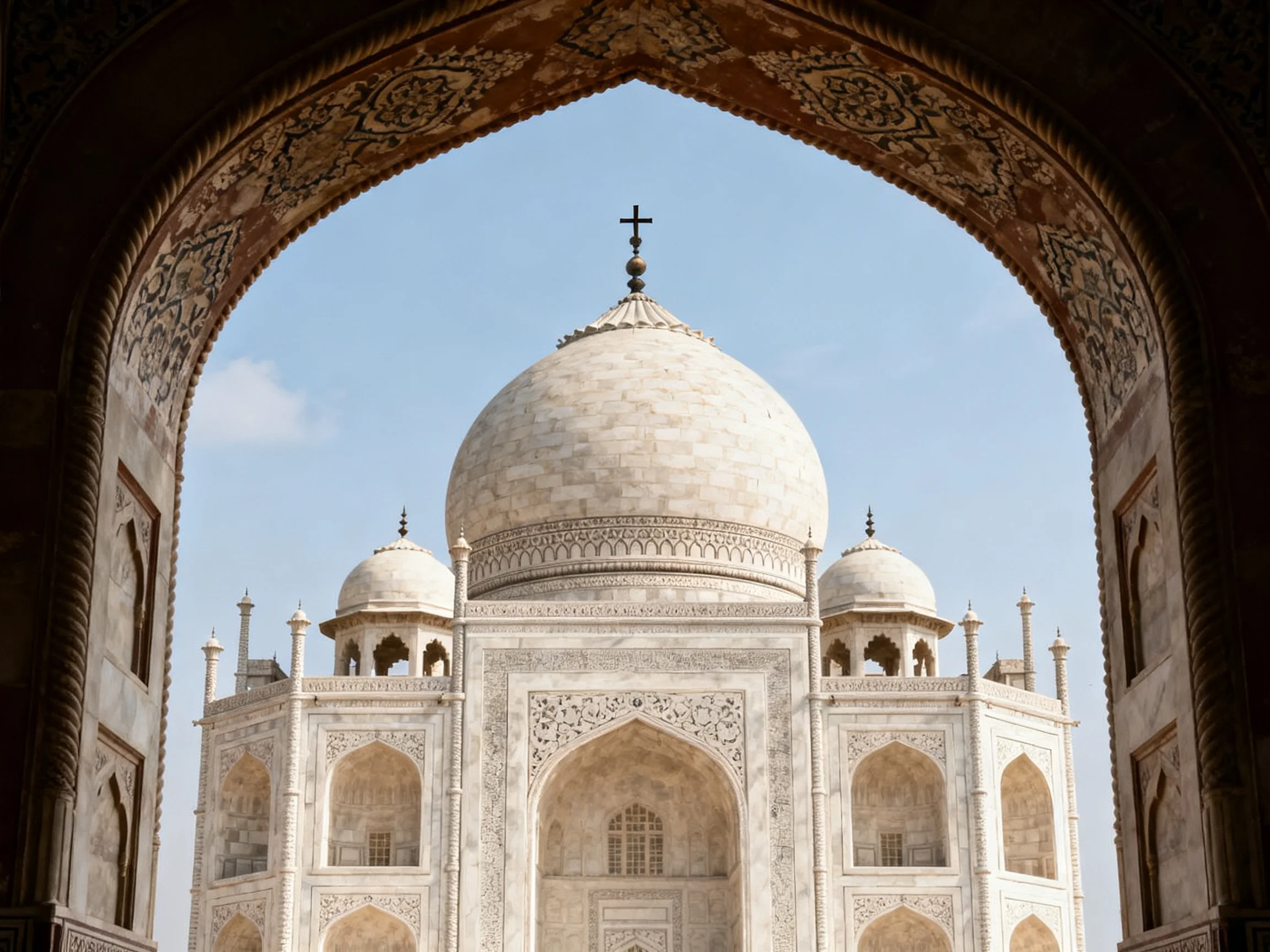 Ornate archway frames white domed monument with cross