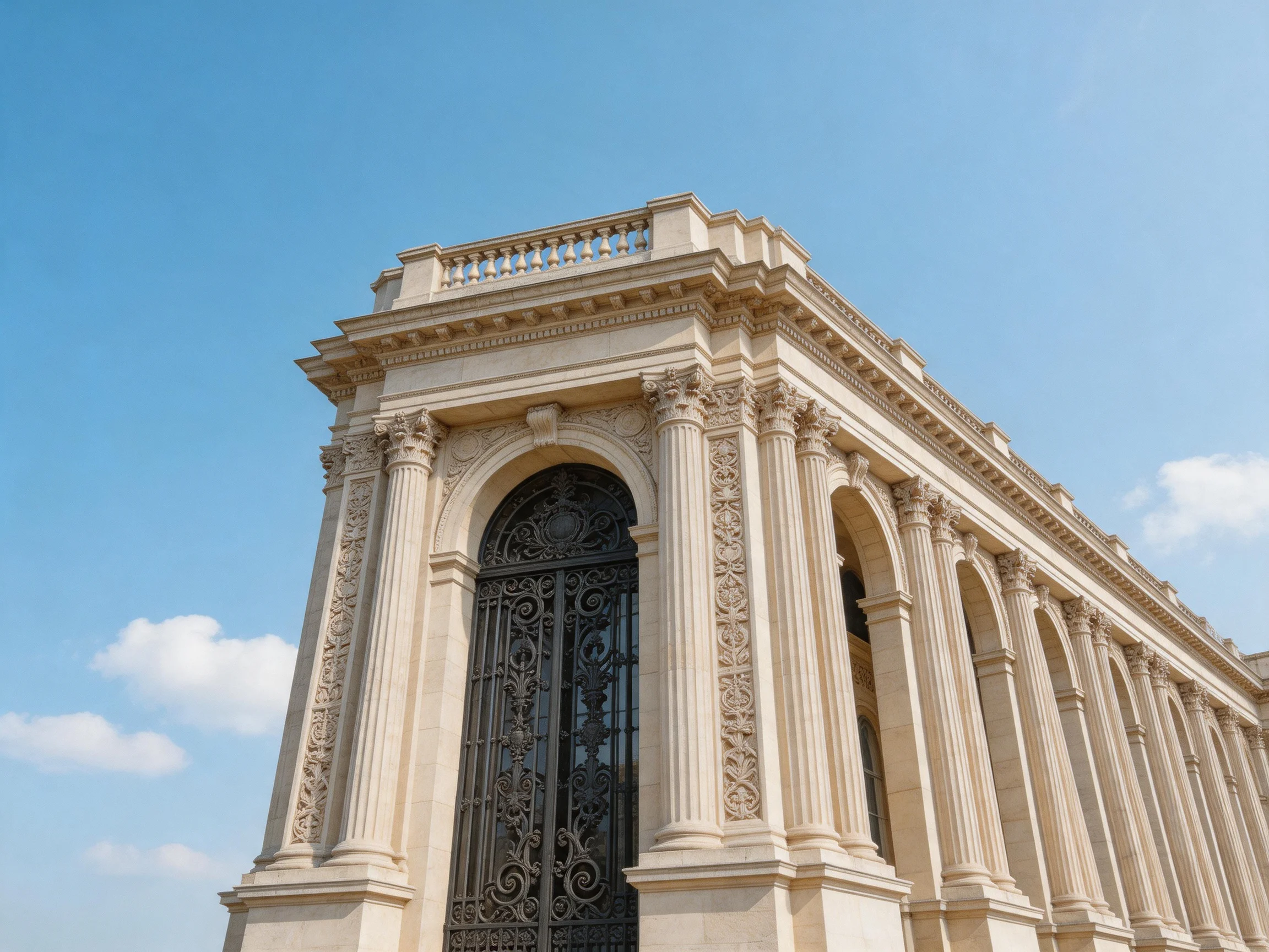Ornate beige stone building with tall columns and arched entrance under blue sky
